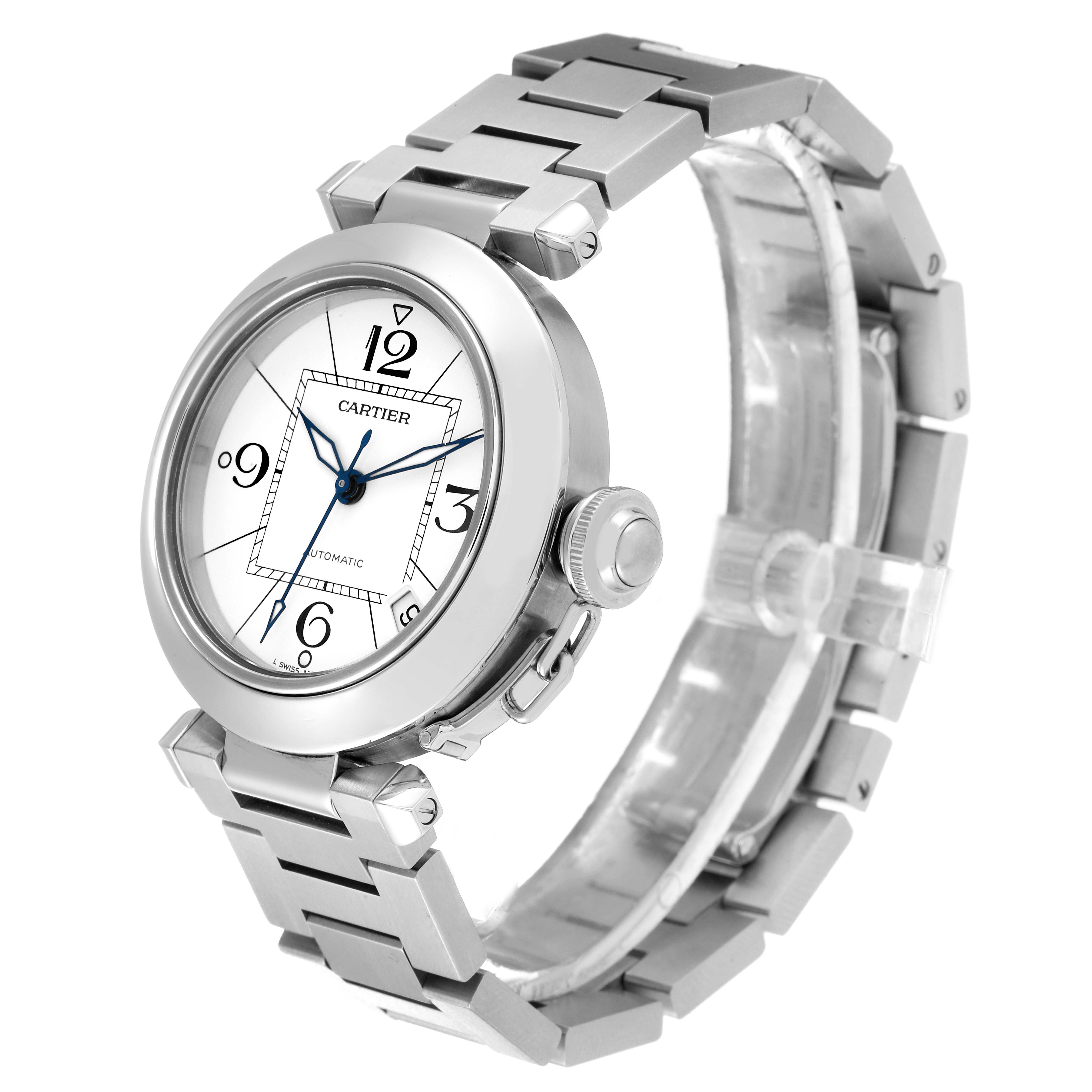 The image shows a side and front view of a Cartier Pasha W31074M7 Men
s Stainless Steel Silver Dial W31074M7 Men
s Stainless Steel Silver Dial watch, highlighting its face, bezel, bracelet, and crown.