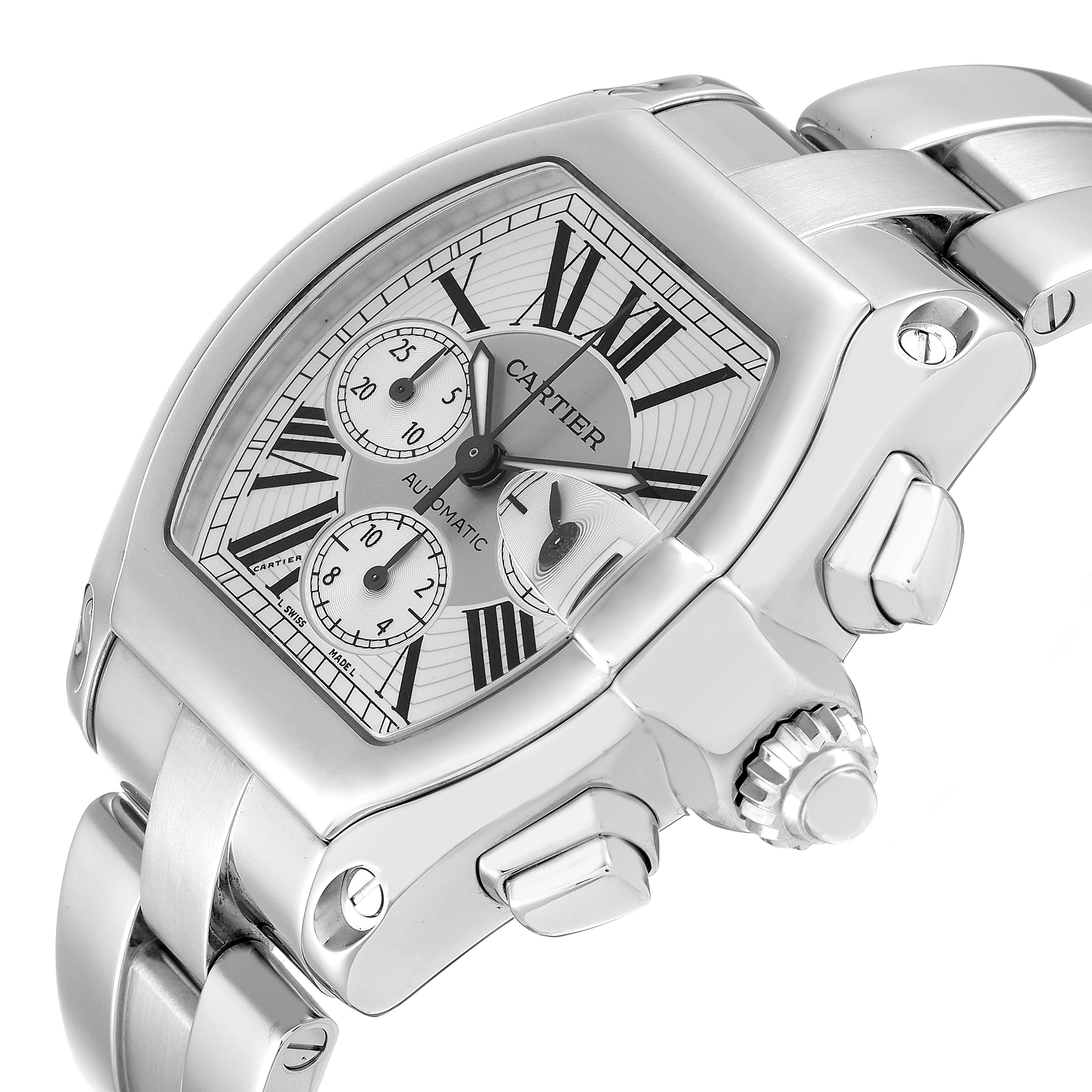 The image shows a close-up, angled view of a Cartier Roadster W62019X6 Men's Stainless Steel Silver Dial W62019X6 Men's Stainless Steel Silver Dial watch, displaying the face, crown, and part of the bracelet.