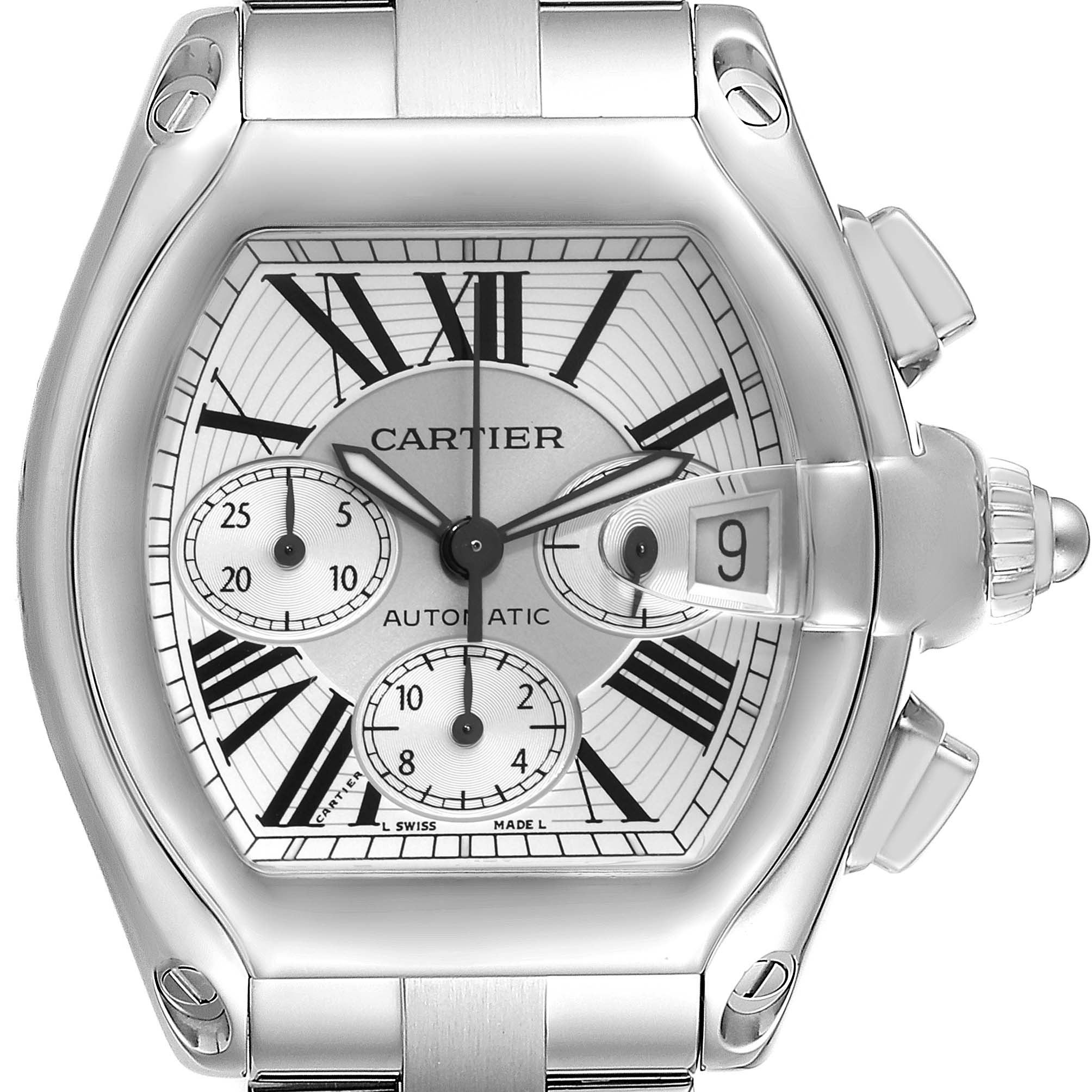 The image shows a close-up, front-facing view of the Cartier Roadster W62019X6 Men's Stainless Steel Silver Dial W62019X6 Men's Stainless Steel Silver Dial watch, highlighting its dial and case.