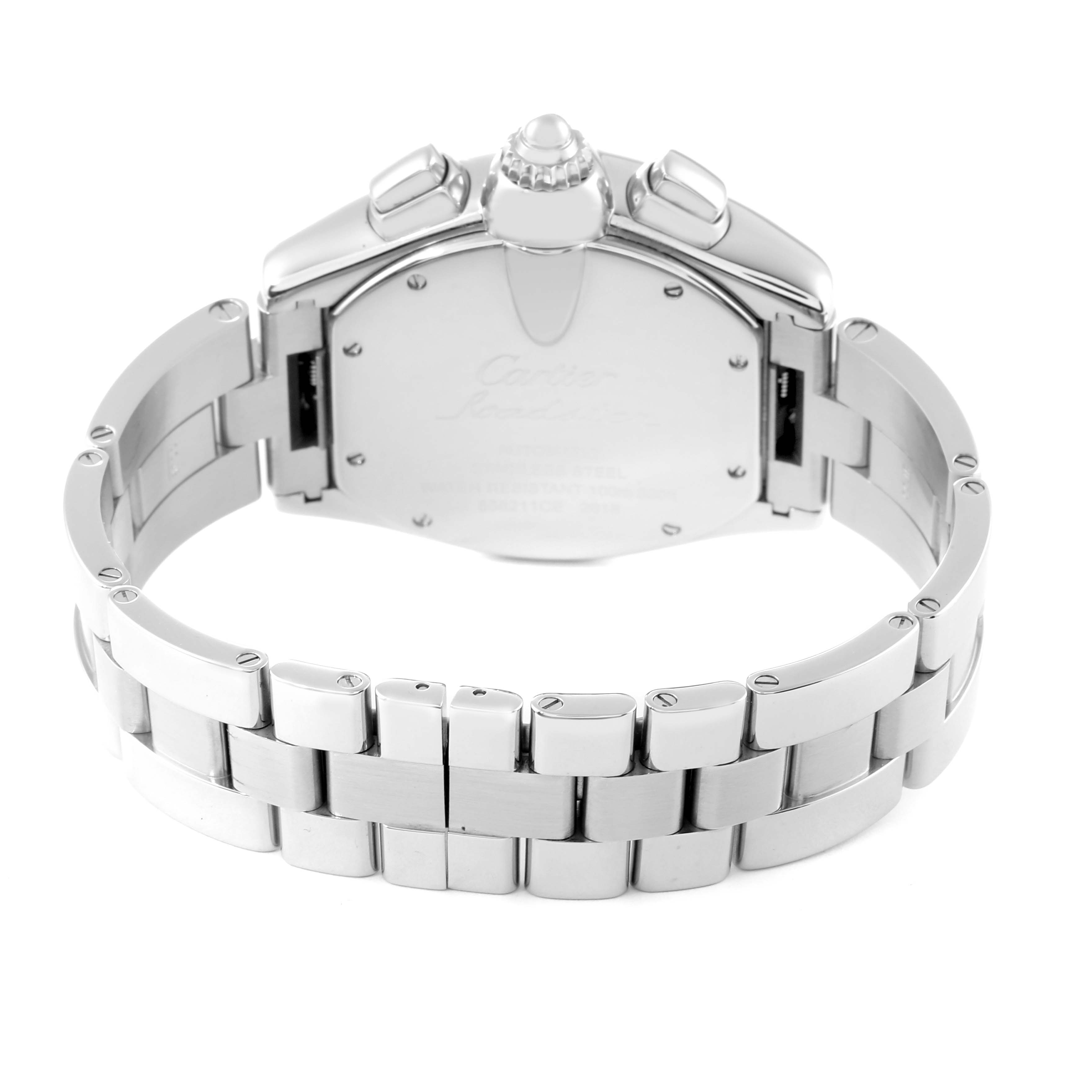 This image shows the back view of a Cartier Roadster W62019X6 Men's Stainless Steel Silver Dial W62019X6 Men's Stainless Steel Silver Dial watch, highlighting its stainless steel case and bracelet.