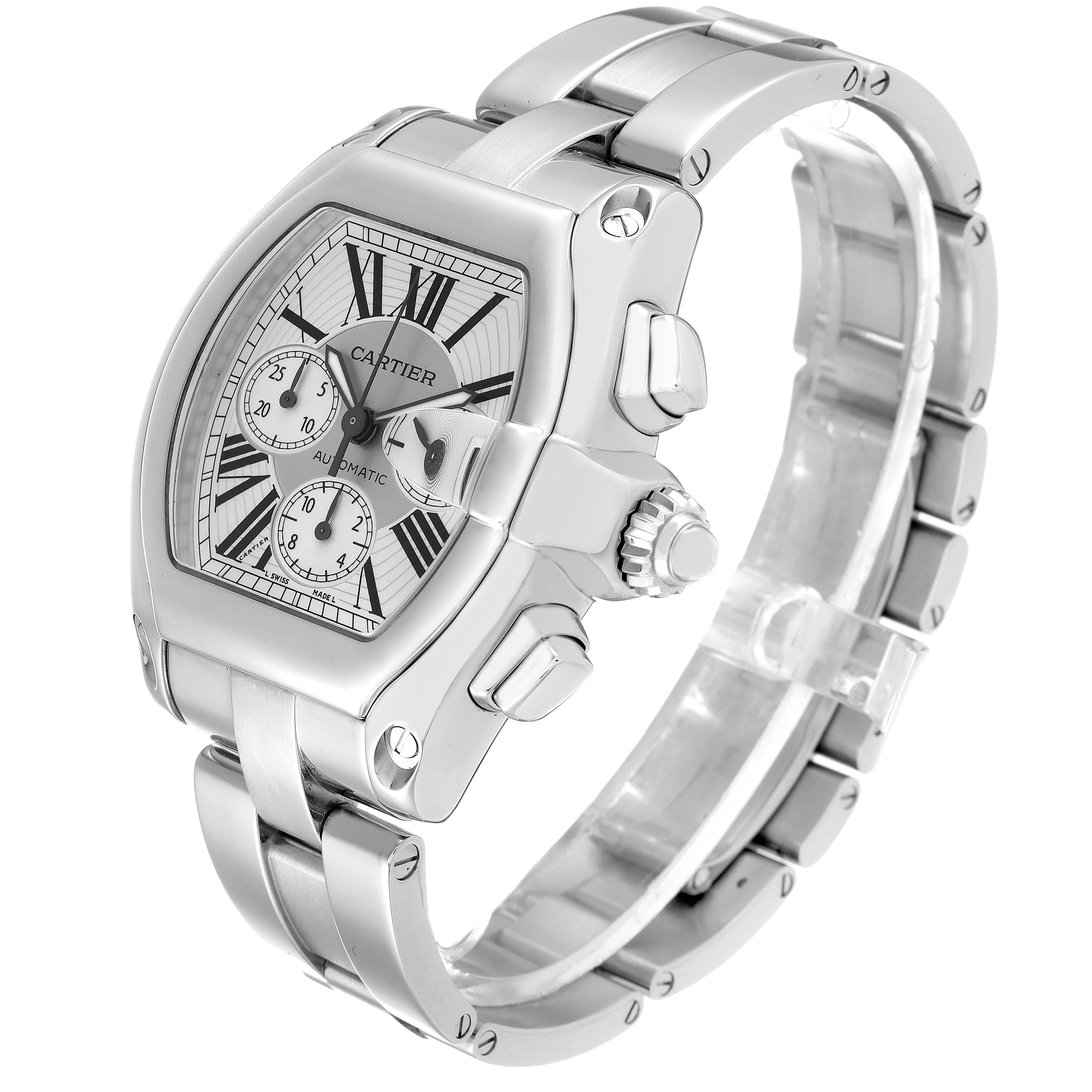 The image shows a Cartier Roadster W62019X6 Men's Stainless Steel Silver Dial W62019X6 Men's Stainless Steel Silver Dial watch from an oblique angle, highlighting the face, crown, and bracelet.