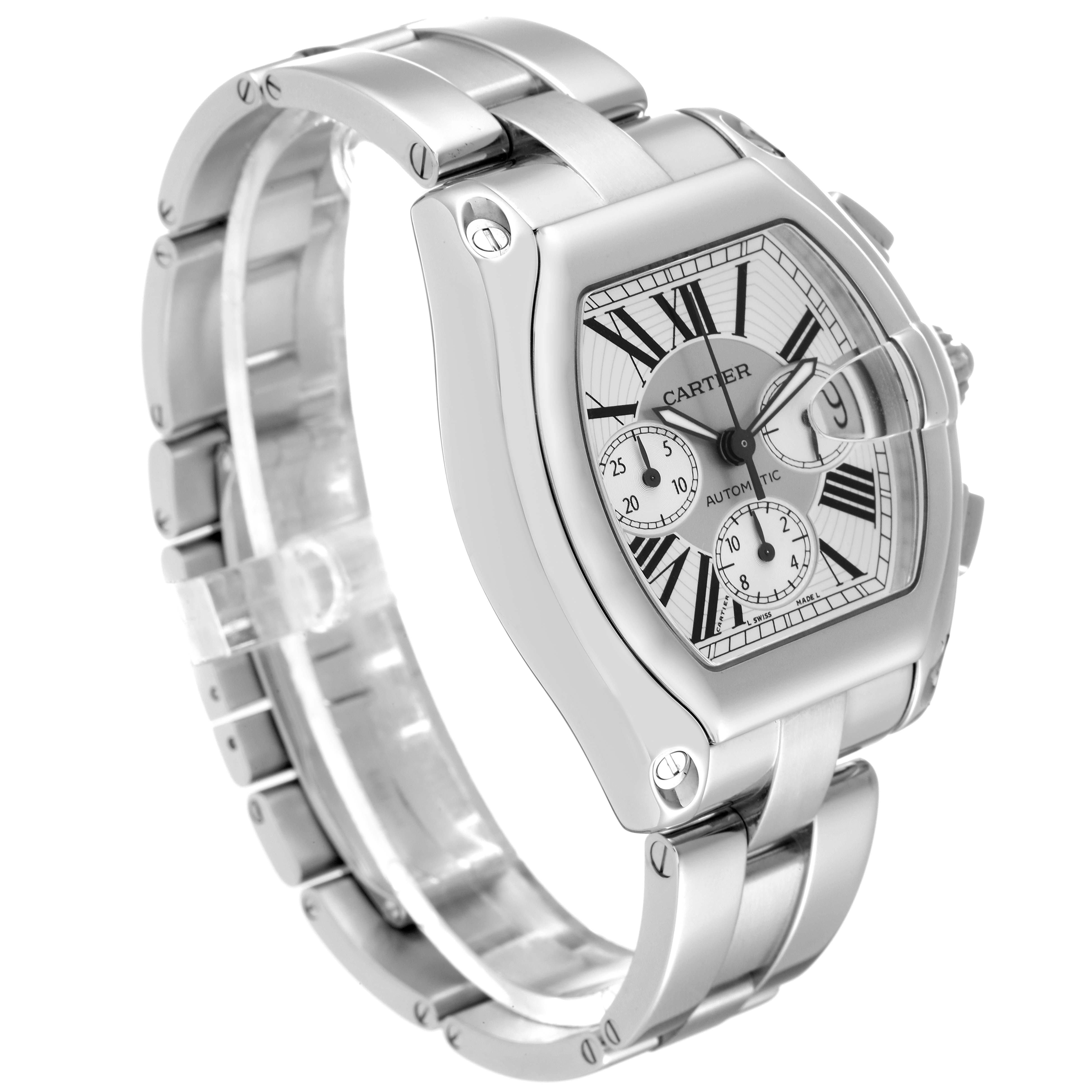 The image shows a Cartier Roadster W62019X6 Men's Stainless Steel Silver Dial W62019X6 Men's Stainless Steel Silver Dial watch angled from the front-left, displaying its face, bracelet, and side buttons.