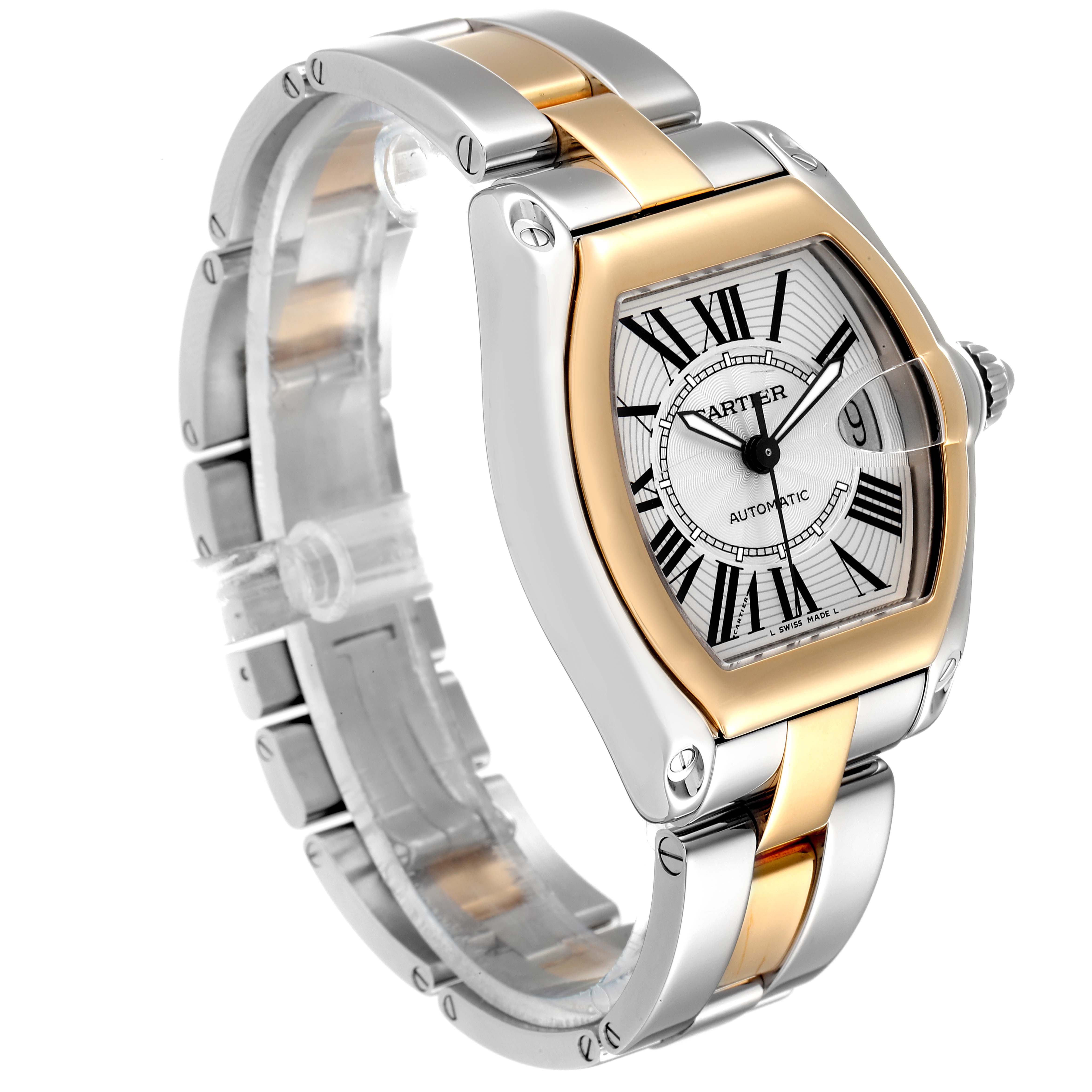 The image shows a Cartier Roadster W62031Y4 Men's Steel and Gold (two tone) Silver Dial W62031Y4 Men's Steel and Gold (two tone) Silver Dial watch at a three-quarter angle, highlighting the face, bezel, and bracelet.