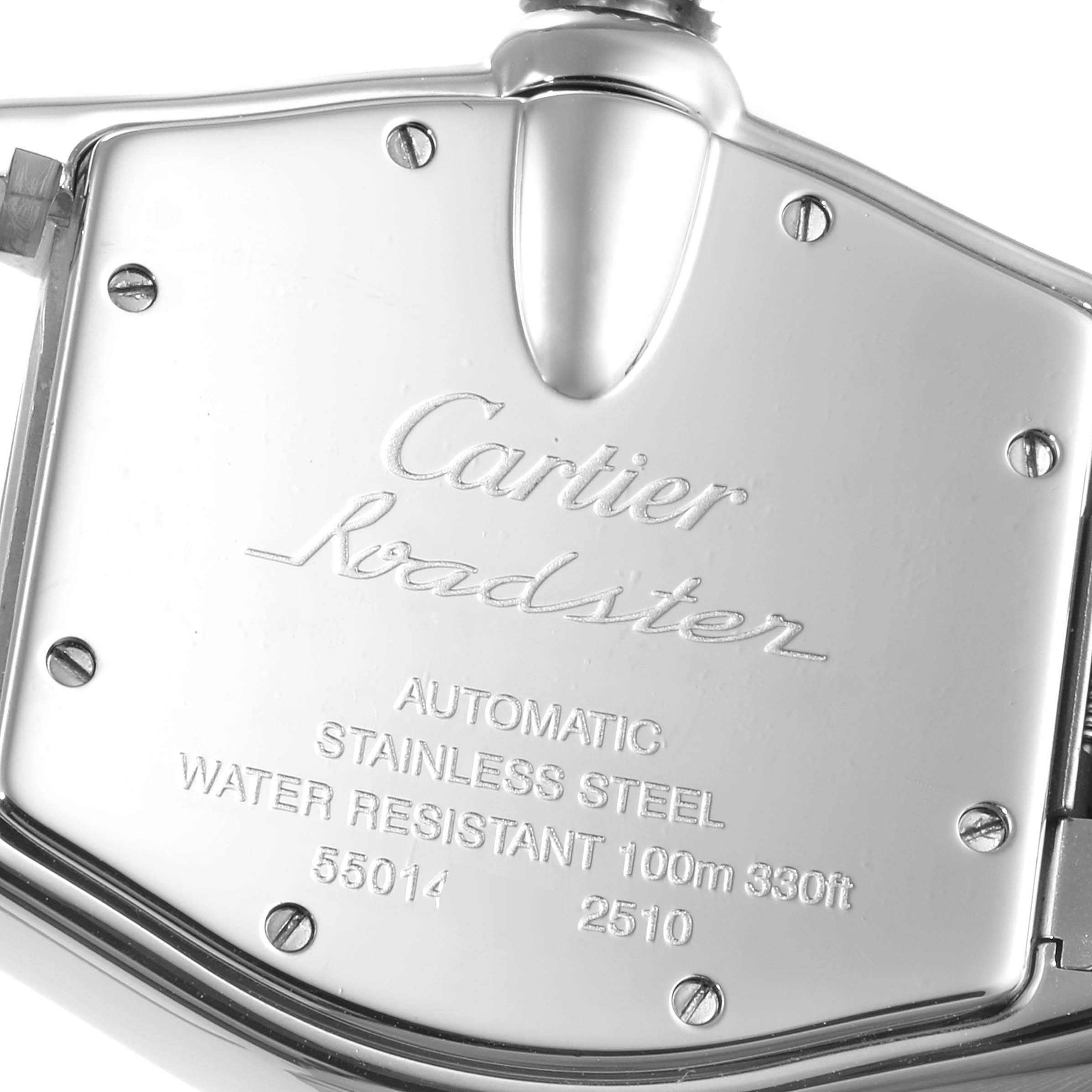 This image shows the back case of the Cartier Roadster W62031Y4 Men's Steel and Gold (two tone) Silver Dial W62031Y4 Men's Steel and Gold (two tone) Silver Dial watch, highlighting details like material, water resistance, and model numbers.