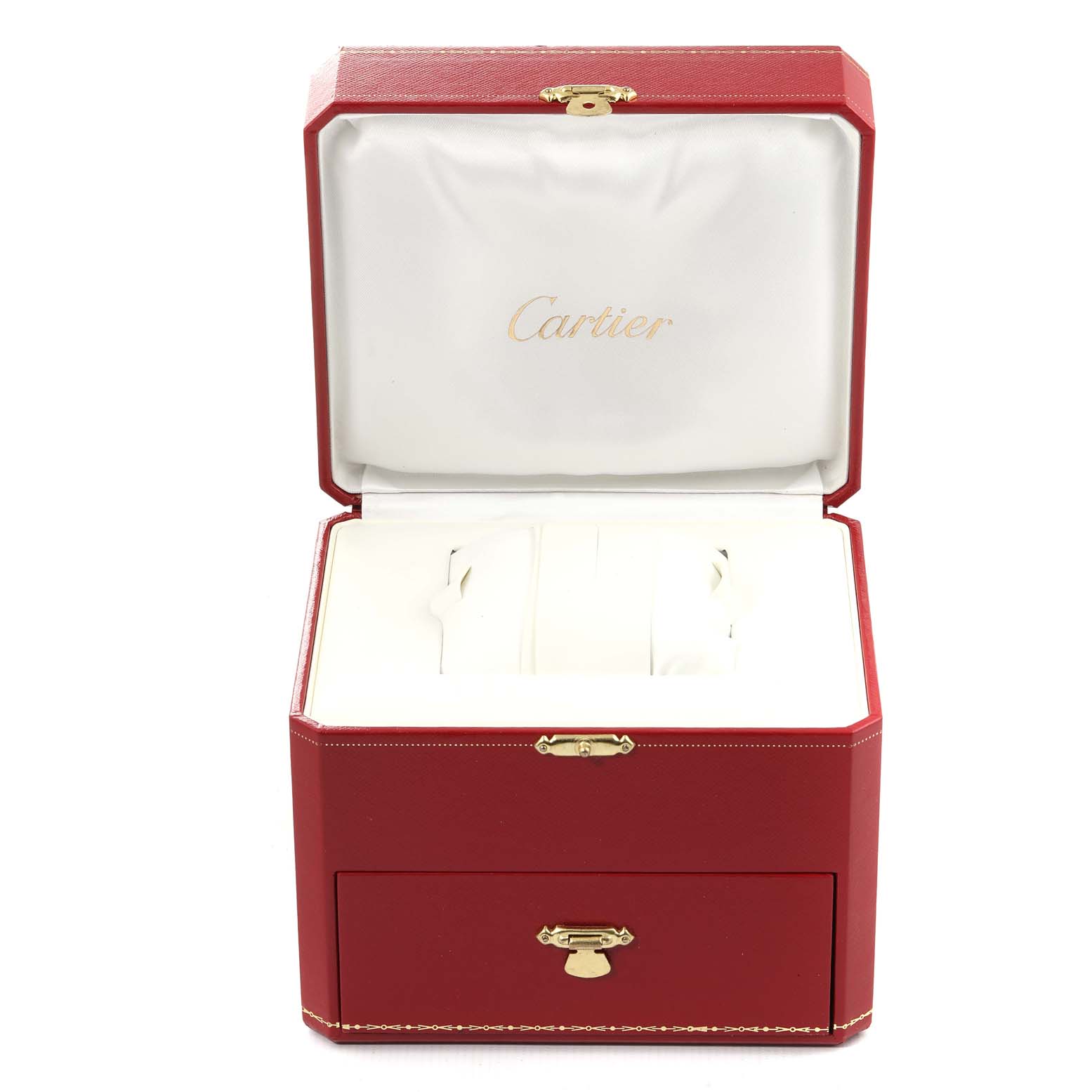 This image shows an open red Cartier box for the Roadster model watch, displaying the luxurious interior with dedicated slots for storing the watch.