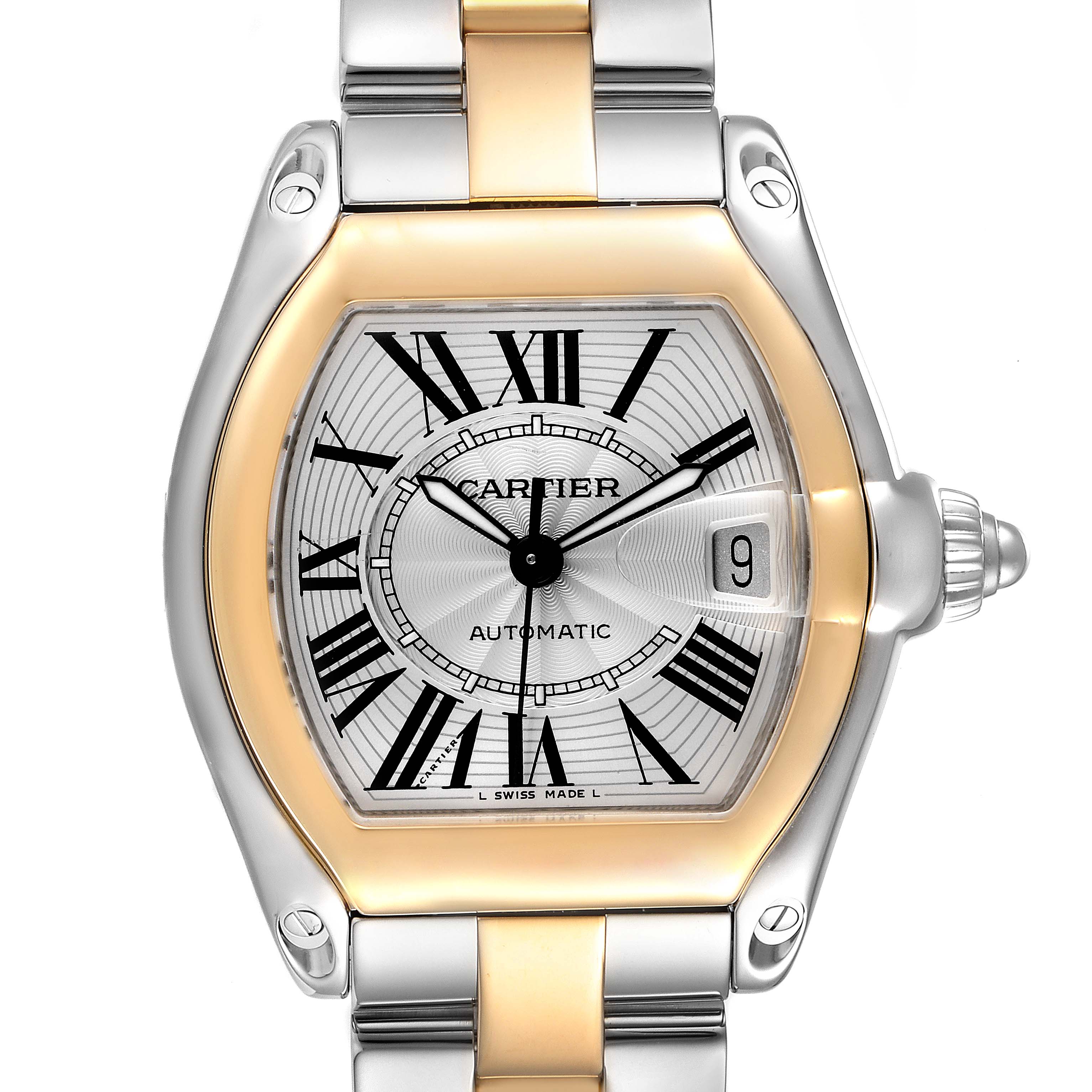 This image shows a frontal view of the Cartier Roadster W62031Y4 Men's Steel and Gold (two tone) Silver Dial W62031Y4 Men's Steel and Gold (two tone) Silver Dial watch, displaying its dial, bezel, and part of the metal bracelet.