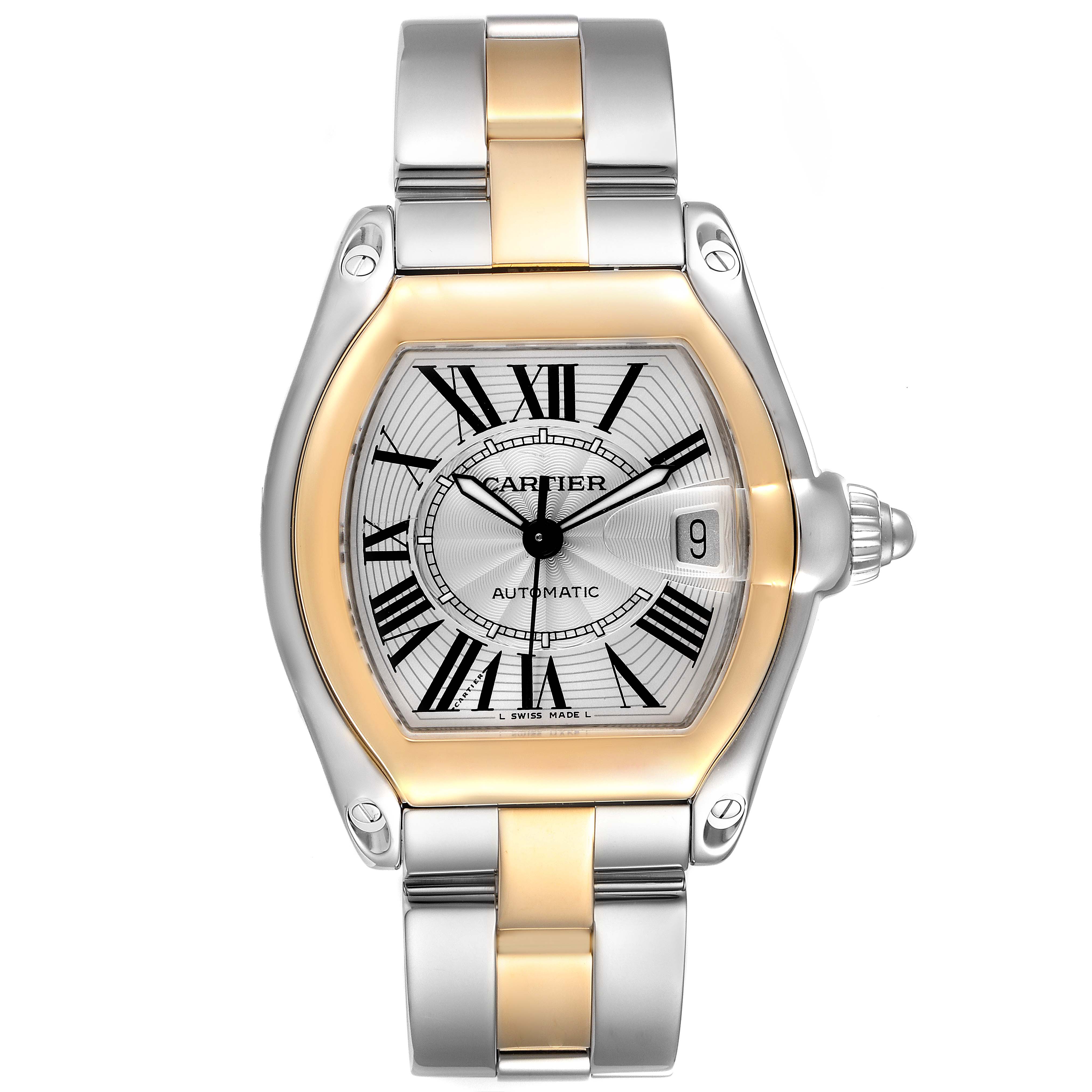 The image shows a Cartier Roadster W62031Y4 Men's Steel and Gold (two tone) Silver Dial W62031Y4 Men's Steel and Gold (two tone) Silver Dial watch from a front angle, featuring its dial, bracelet, and crown.