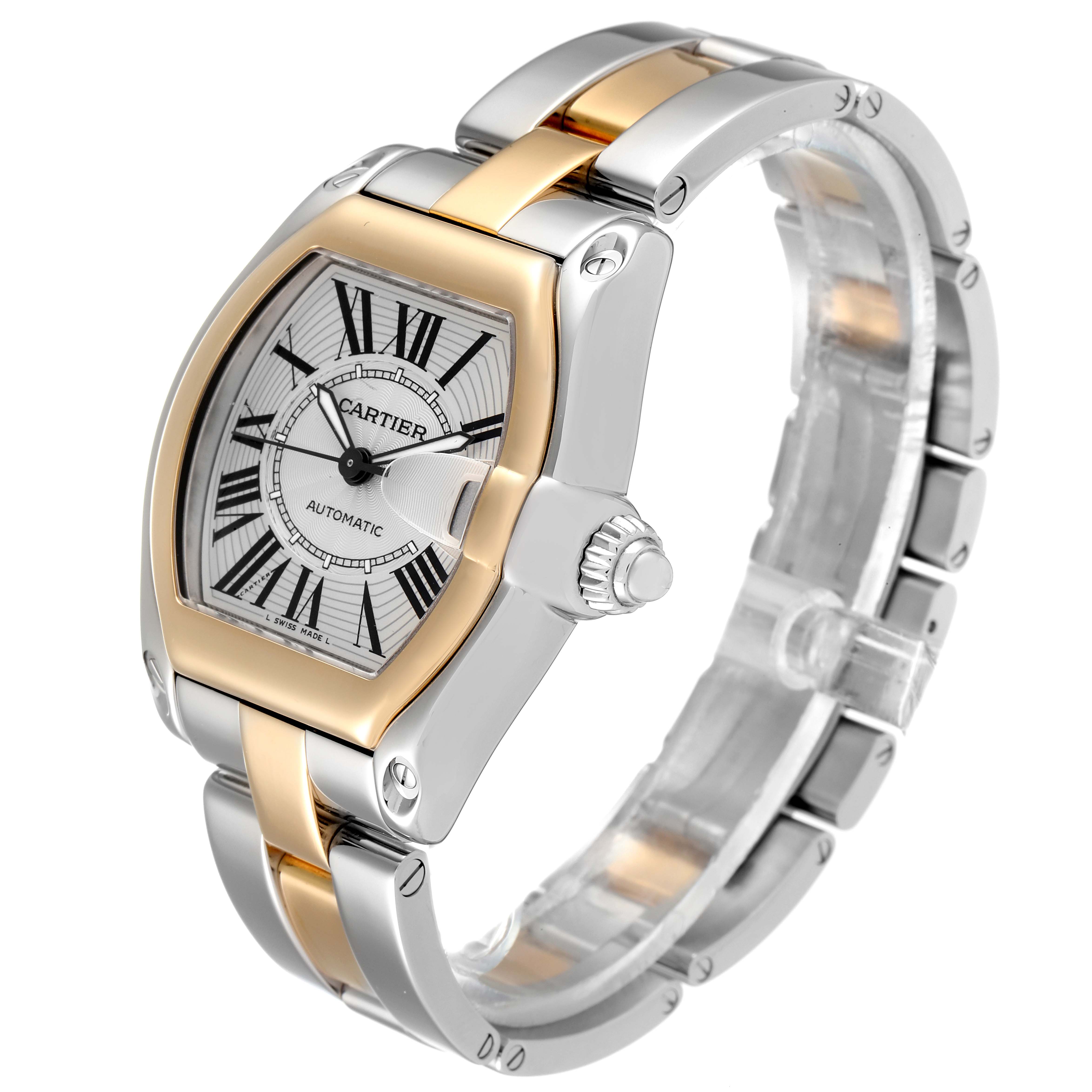 The image shows a Cartier Roadster W62031Y4 Men's Steel and Gold (two tone) Silver Dial W62031Y4 Men's Steel and Gold (two tone) Silver Dial watch at a slight angle, highlighting the face, bezel, and part of the bracelet.