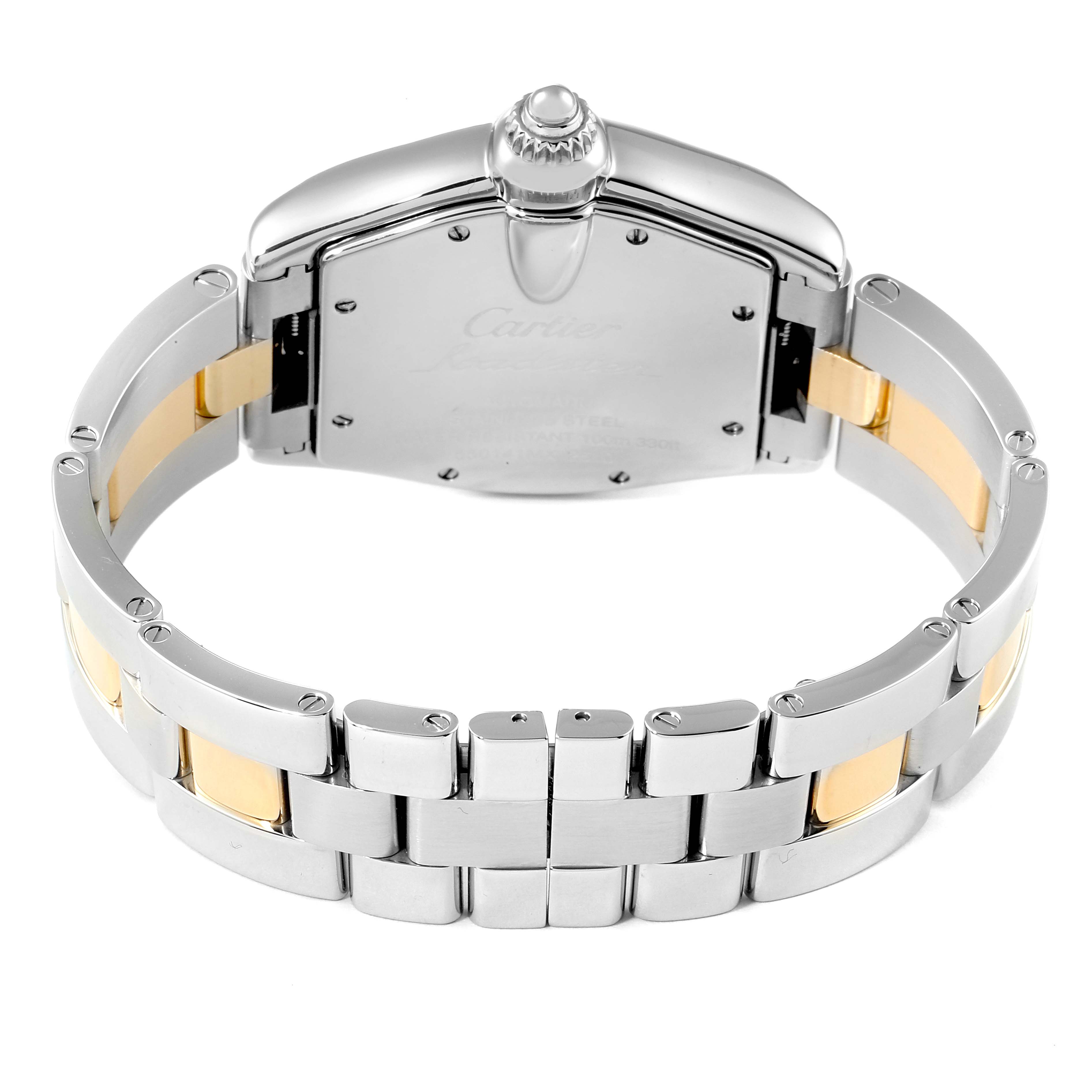 This image shows the back and bracelet of the Cartier Roadster W62031Y4 Men's Steel and Gold (two tone) Silver Dial W62031Y4 Men's Steel and Gold (two tone) Silver Dial watch, highlighting its metal links and clasp.
