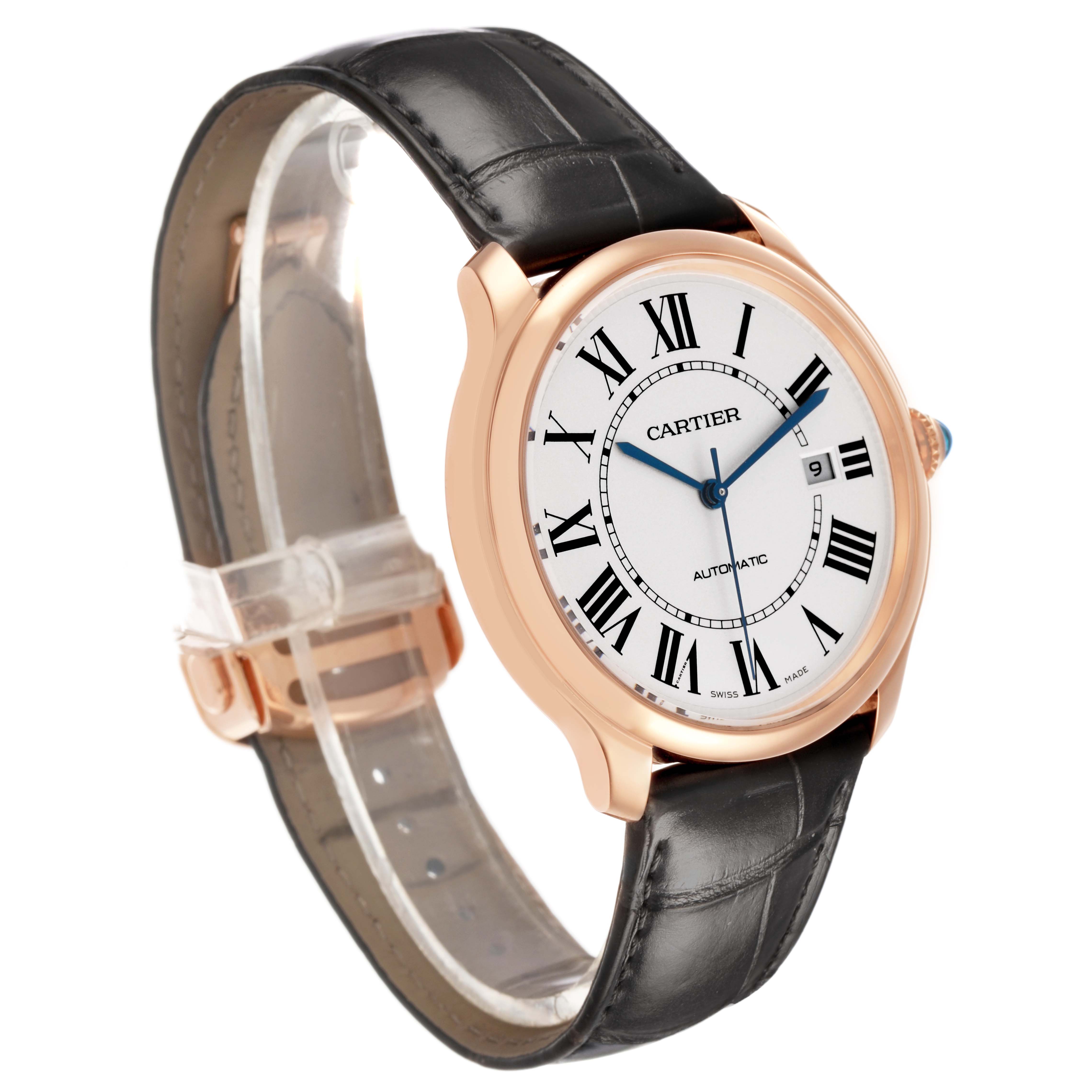 The Cartier Ronde WGRN0011 Men's Rose Gold Silver Dial model watch is shown from an angled side view, highlighting the face, bezel, crown, and leather strap.