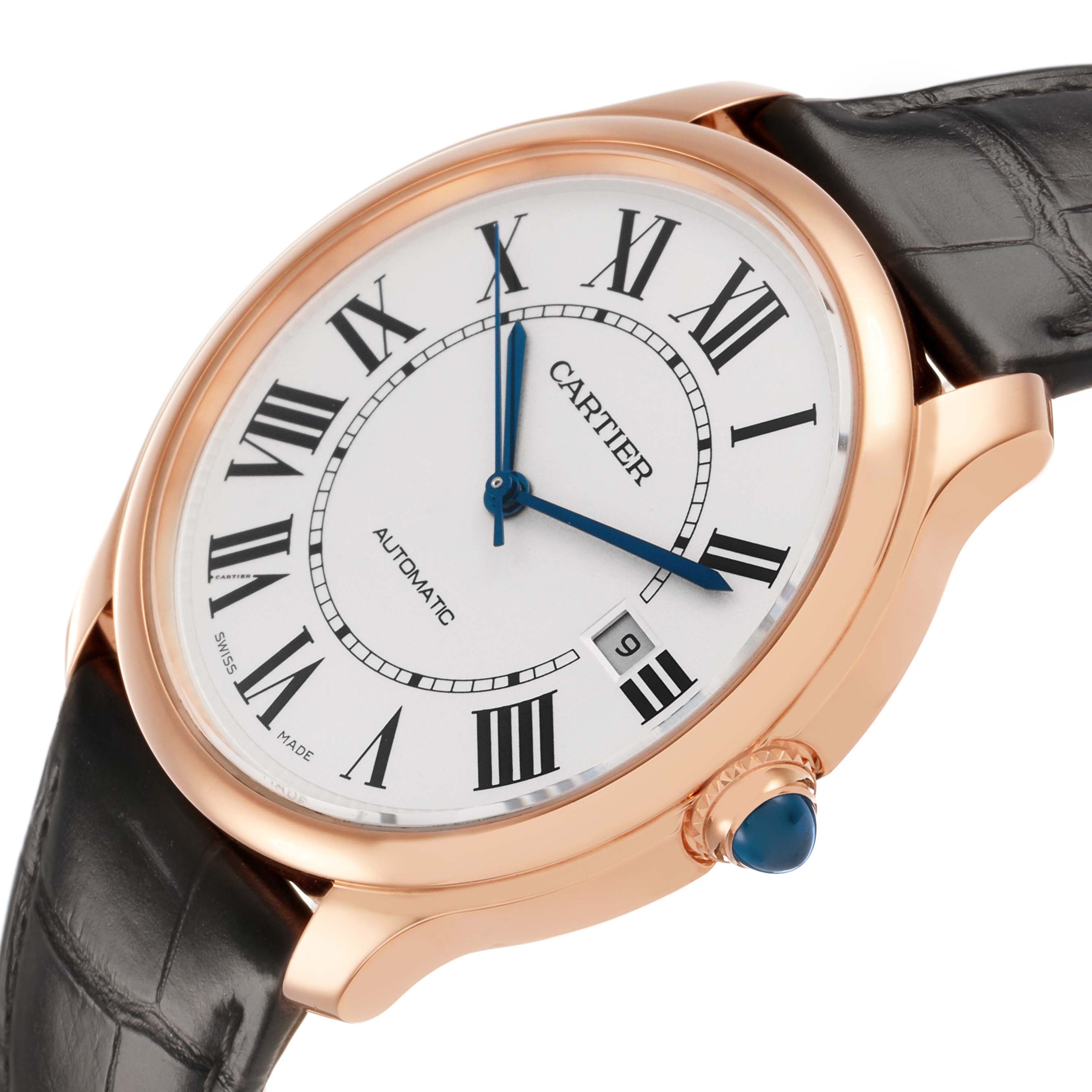 The Cartier Ronde WGRN0011 Men's Rose Gold Silver Dial watch is shown at an angled side view, featuring a rose gold case, Roman numeral dial, and leather strap.