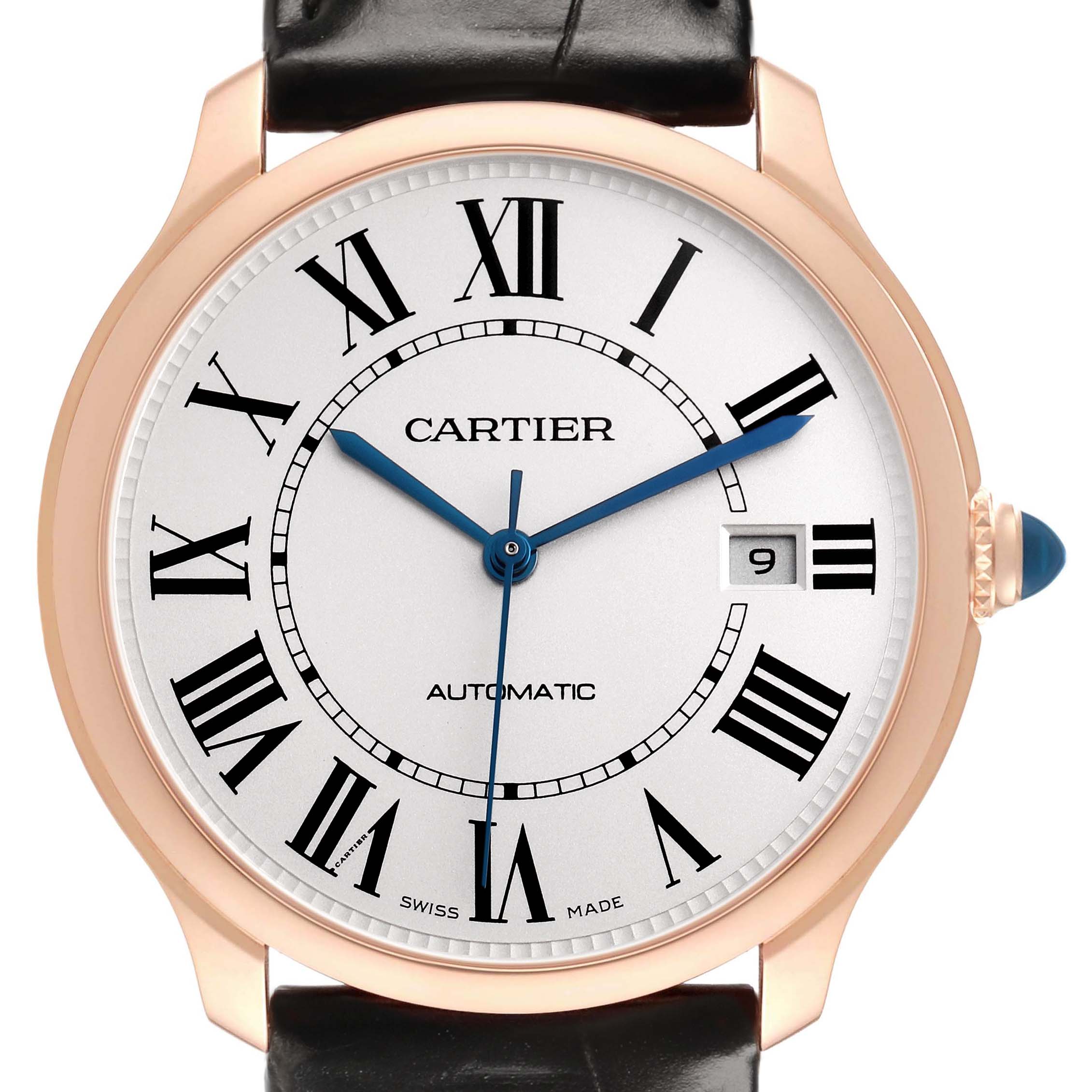 The Cartier Ronde WGRN0011 Men's Rose Gold Silver Dial watch is shown from the front, displaying the dial, hands, and date window.