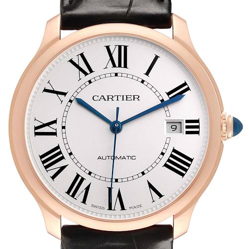The Cartier Ronde WGRN0011 Men's Rose Gold Silver Dial watch is shown from the front, displaying the dial, Roman numerals, hands, date window, and crown.