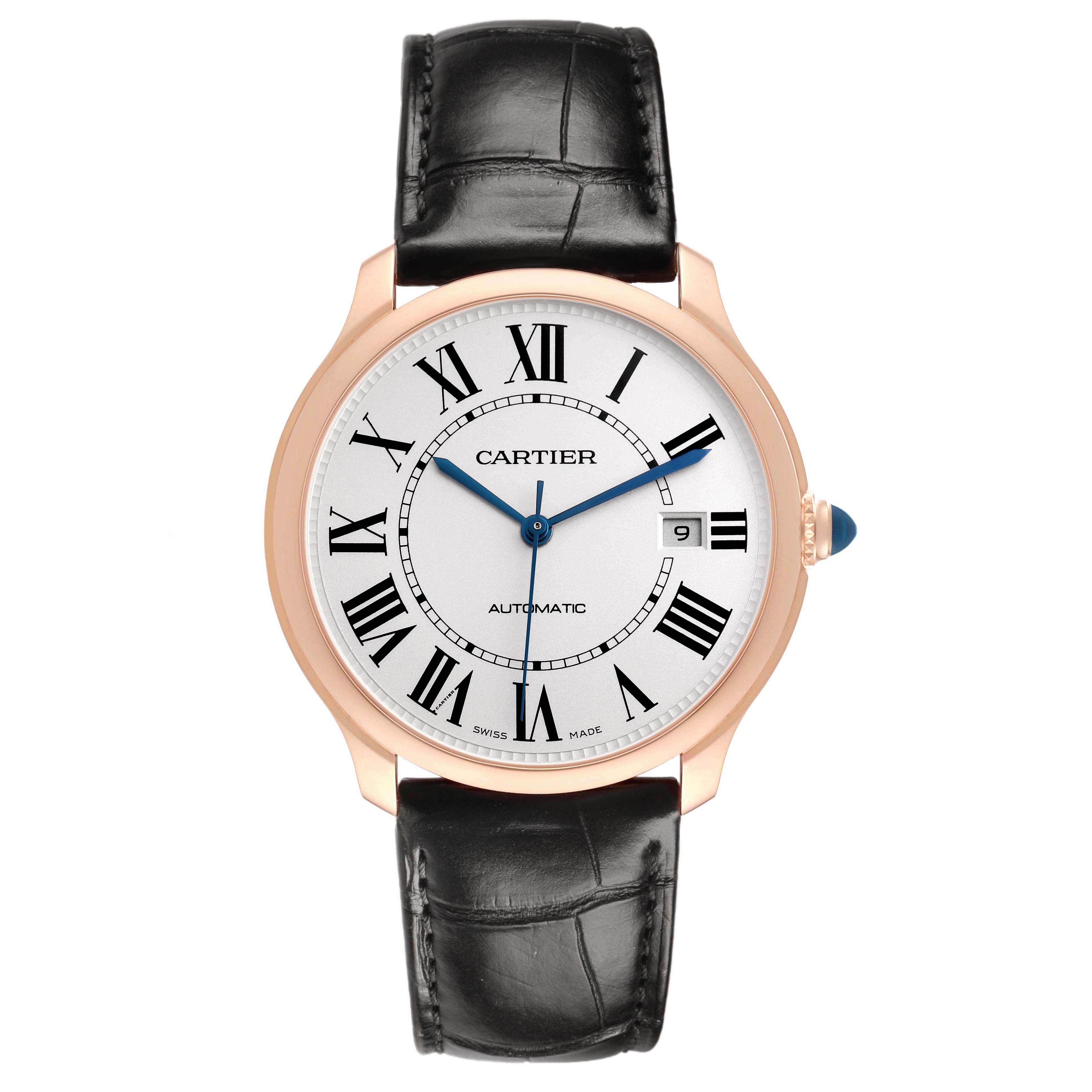 The Cartier Ronde WGRN0011 Men's Rose Gold Silver Dial watch is shown from a front angle, displaying its face, Roman numerals, blue hands, and leather strap.