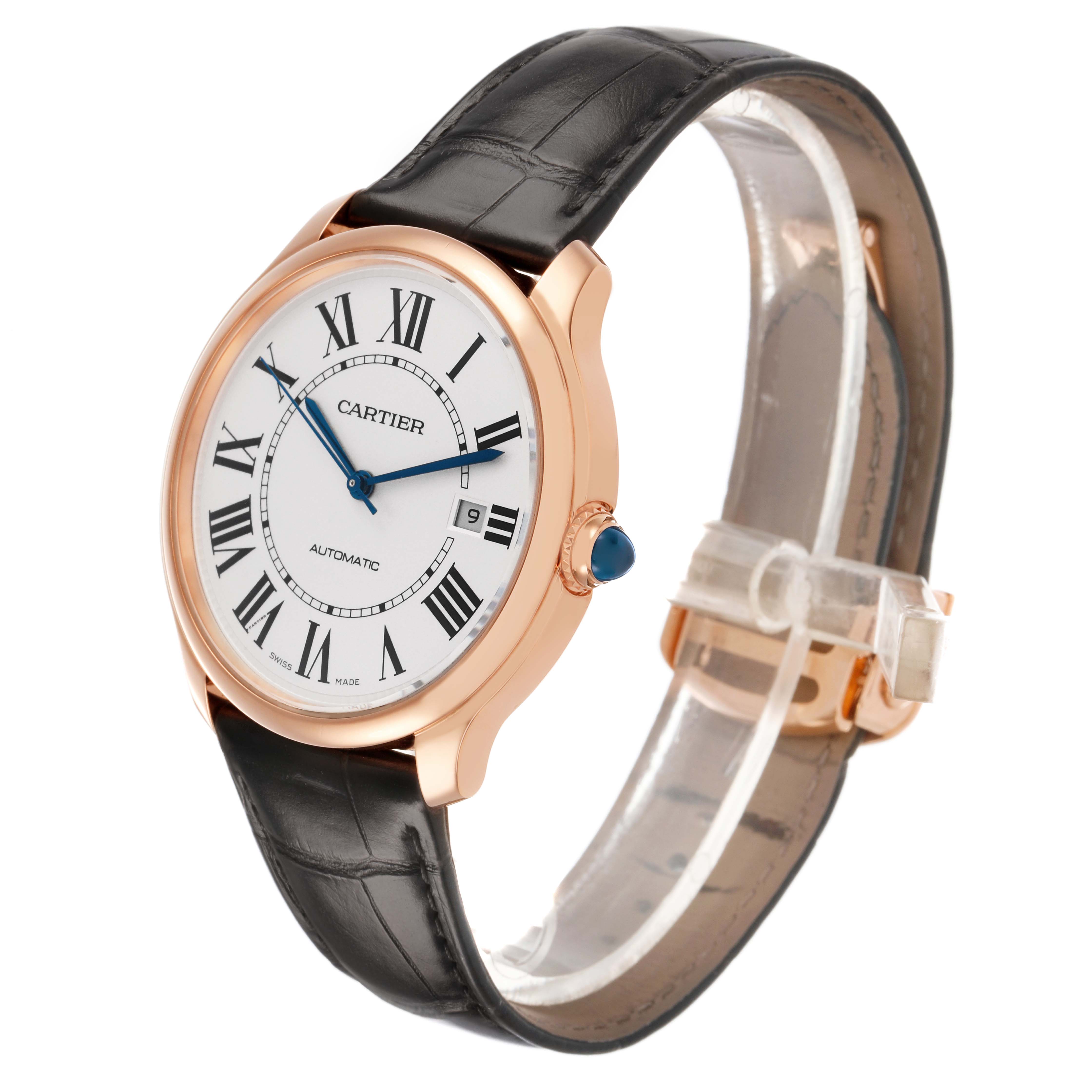 The Cartier Ronde WGRN0011 Men's Rose Gold Silver Dial watch is shown at a slight side angle, highlighting the face, bezel, strap, and crown.