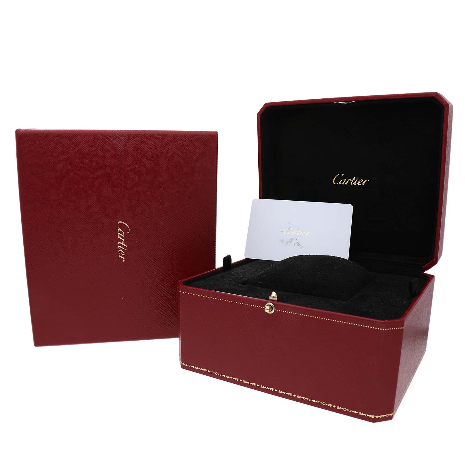 The image shows a Cartier Ronde WGRN0011 Men's Rose Gold Silver Dial watch box and accessories, with an open red box displaying a card inside.