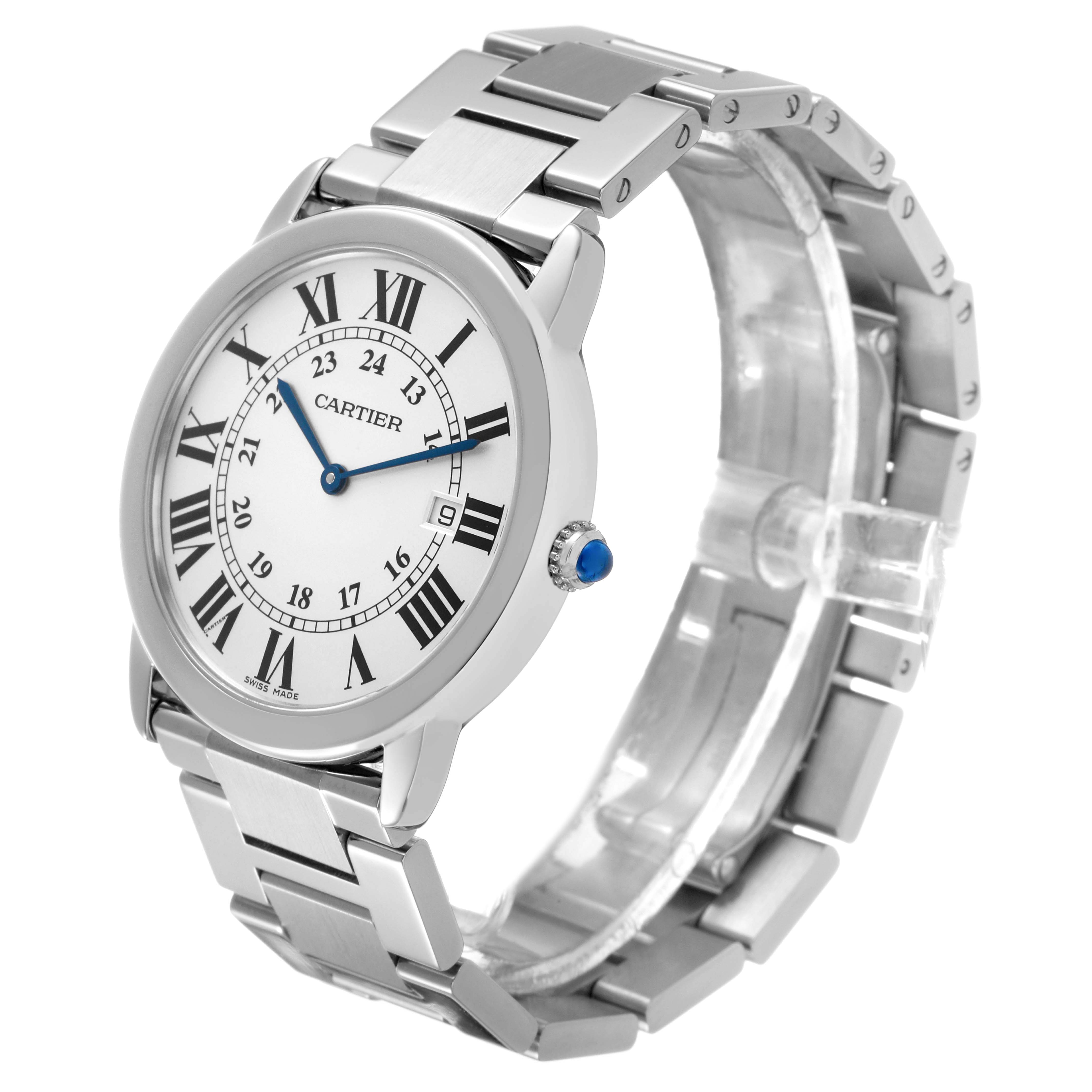 The Cartier Ronde W6701005 Men's Stainless Steel Silver Dial watch is shown at an angled view, displaying its face, crown, and metal bracelet.