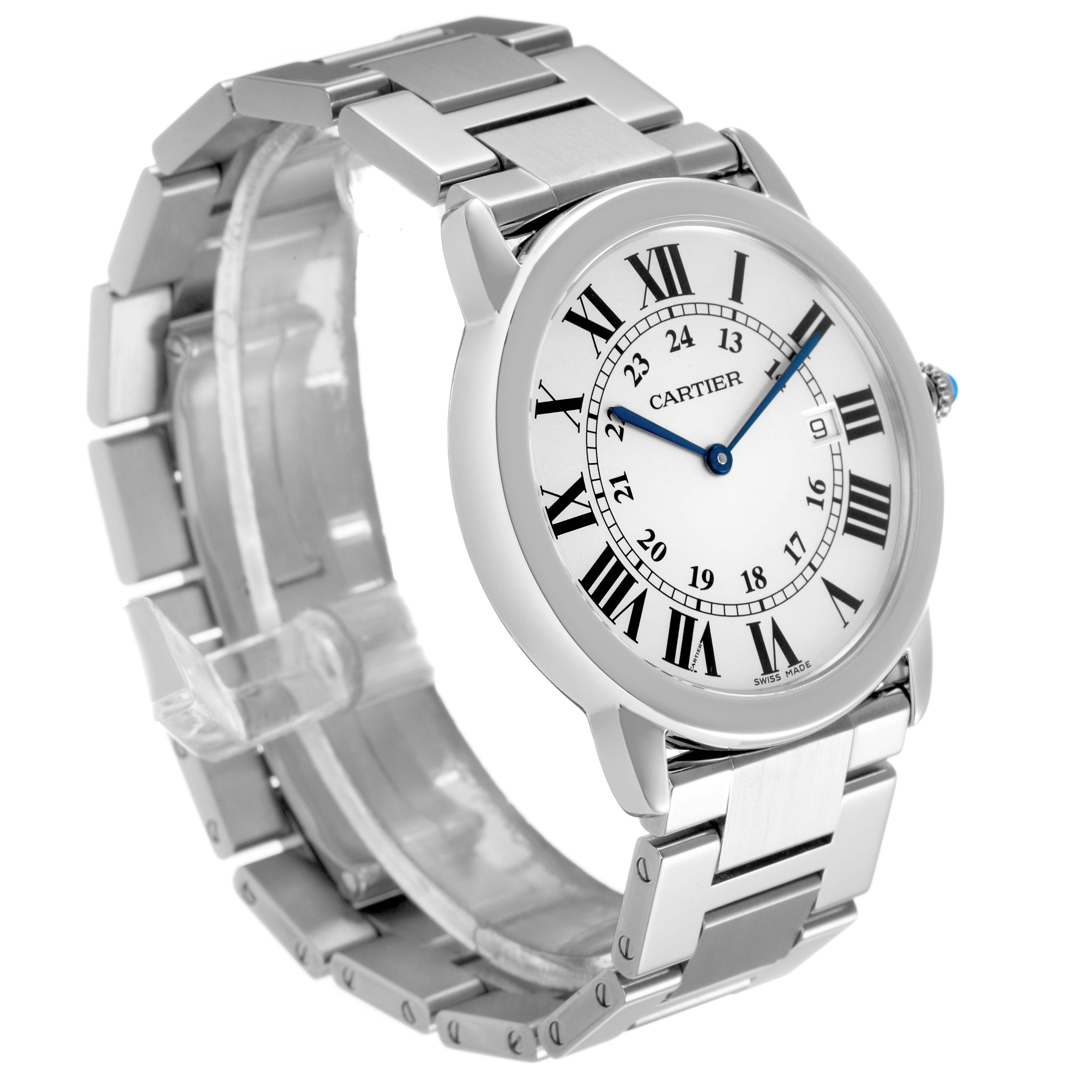 The Cartier Ronde W6701005 Men's Stainless Steel Silver Dial watch is shown at a three-quarter angle, highlighting its face, Roman numerals, and metal bracelet.