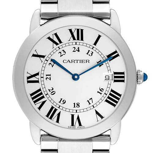 The Cartier Ronde W6701005 Men's Stainless Steel Silver Dial watch is shown from a front angle, highlighting the dial, Roman numerals, and silver bracelet.