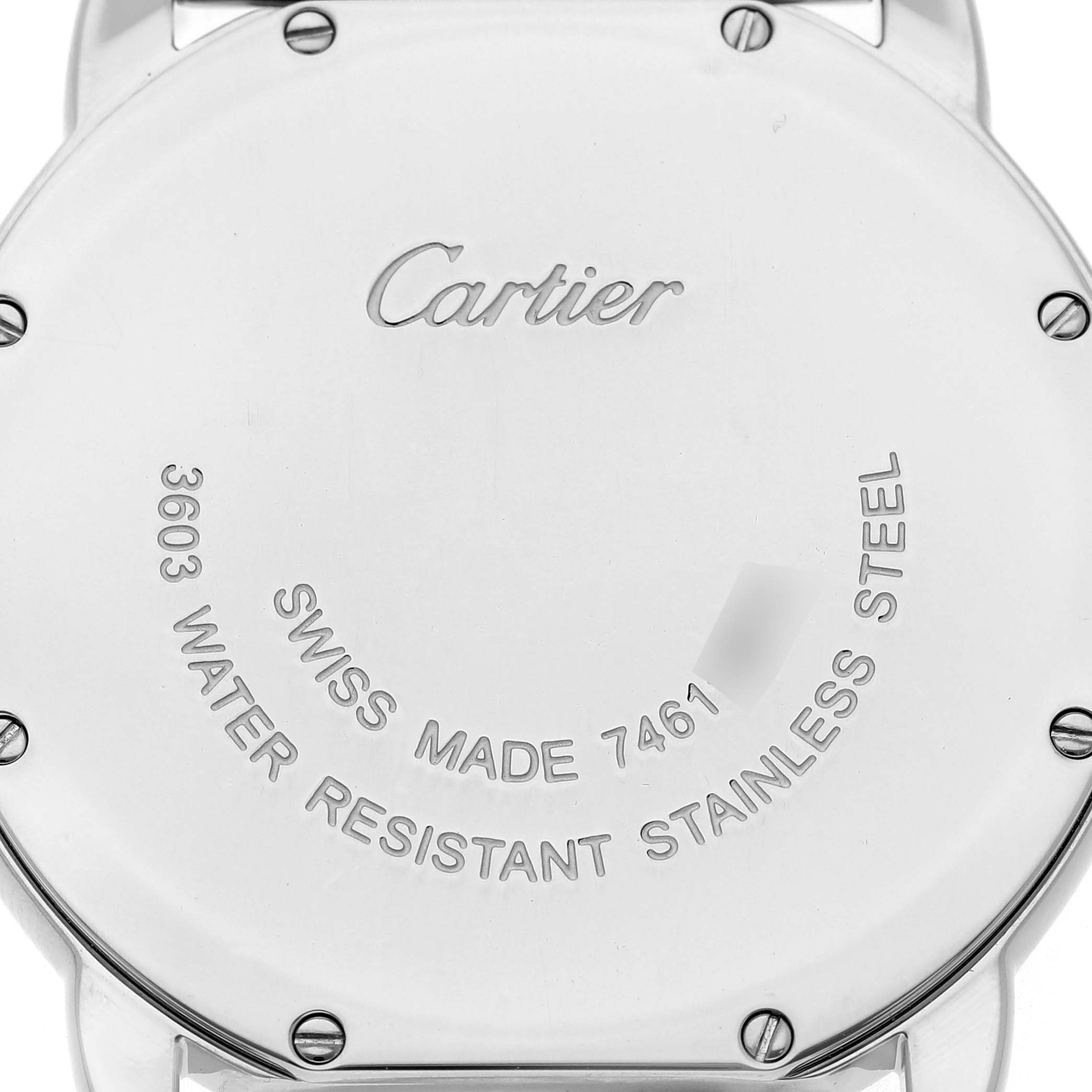 The image shows the back casing of the Cartier Ronde W6701005 Men's Stainless Steel Silver Dial watch, highlighting the brand name and specifications.