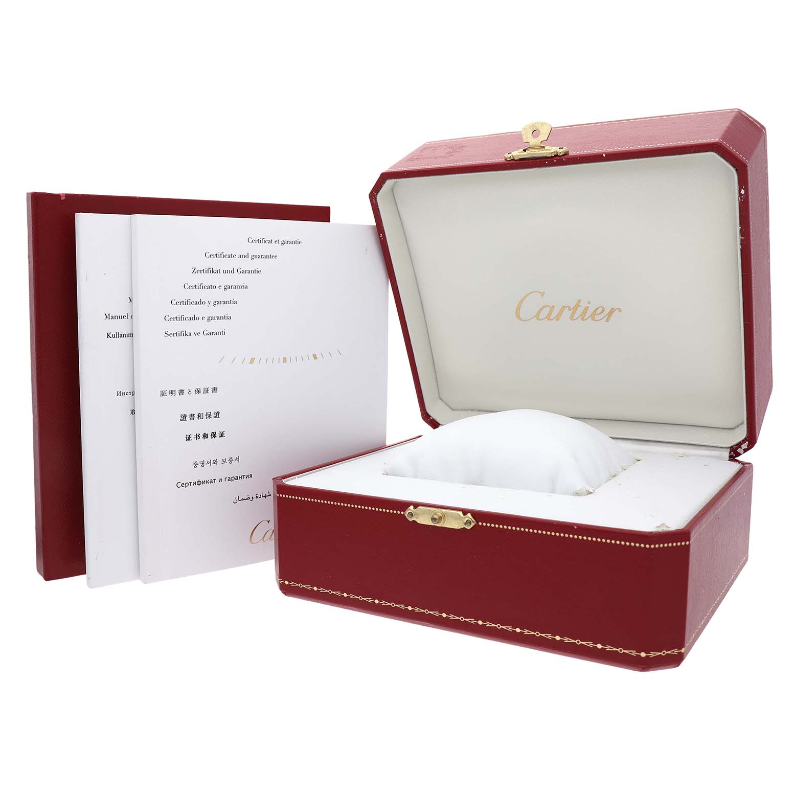 The image shows a Cartier Ronde W6701005 Men's Stainless Steel Silver Dial watch box, displayed open, along with accompanying documents.