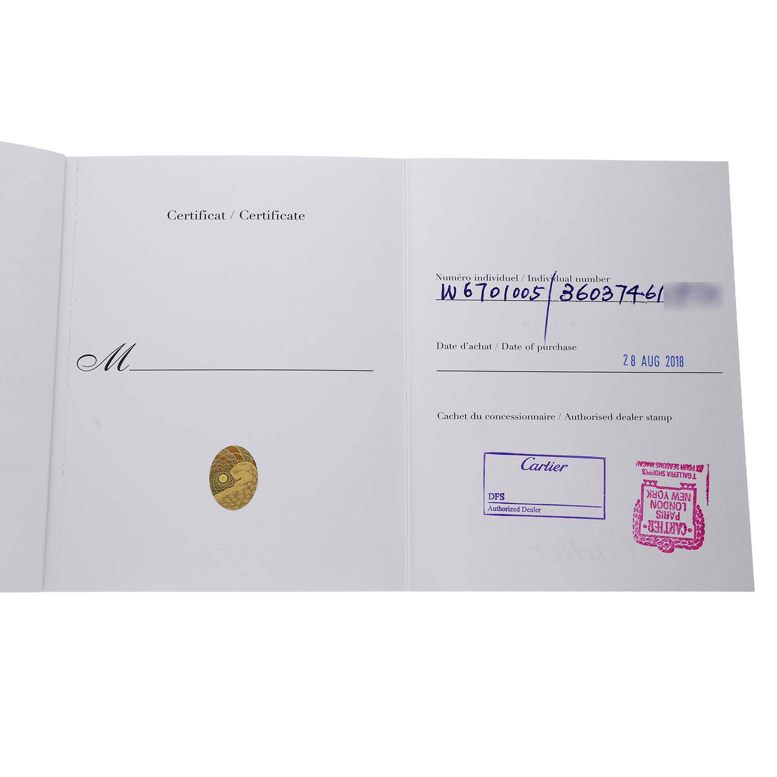 The image shows the warranty certificate for a Cartier Ronde W6701005 Men's Stainless Steel Silver Dial watch, detailing purchase and authorized dealer information.