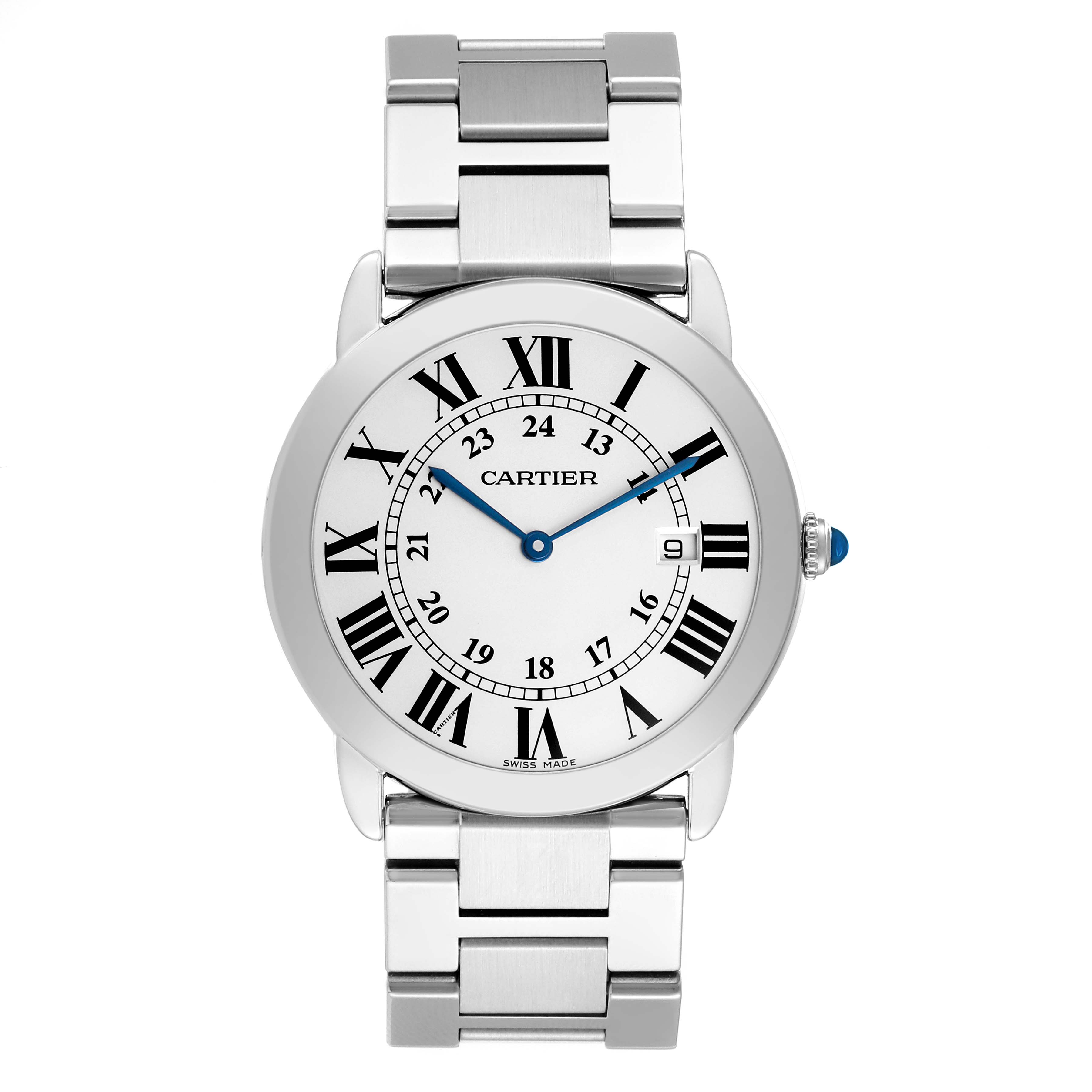 The Cartier Ronde W6701005 Men's Stainless Steel Silver Dial model watch is shown from a front angle, highlighting the dial, Roman numerals, and metal bracelet.