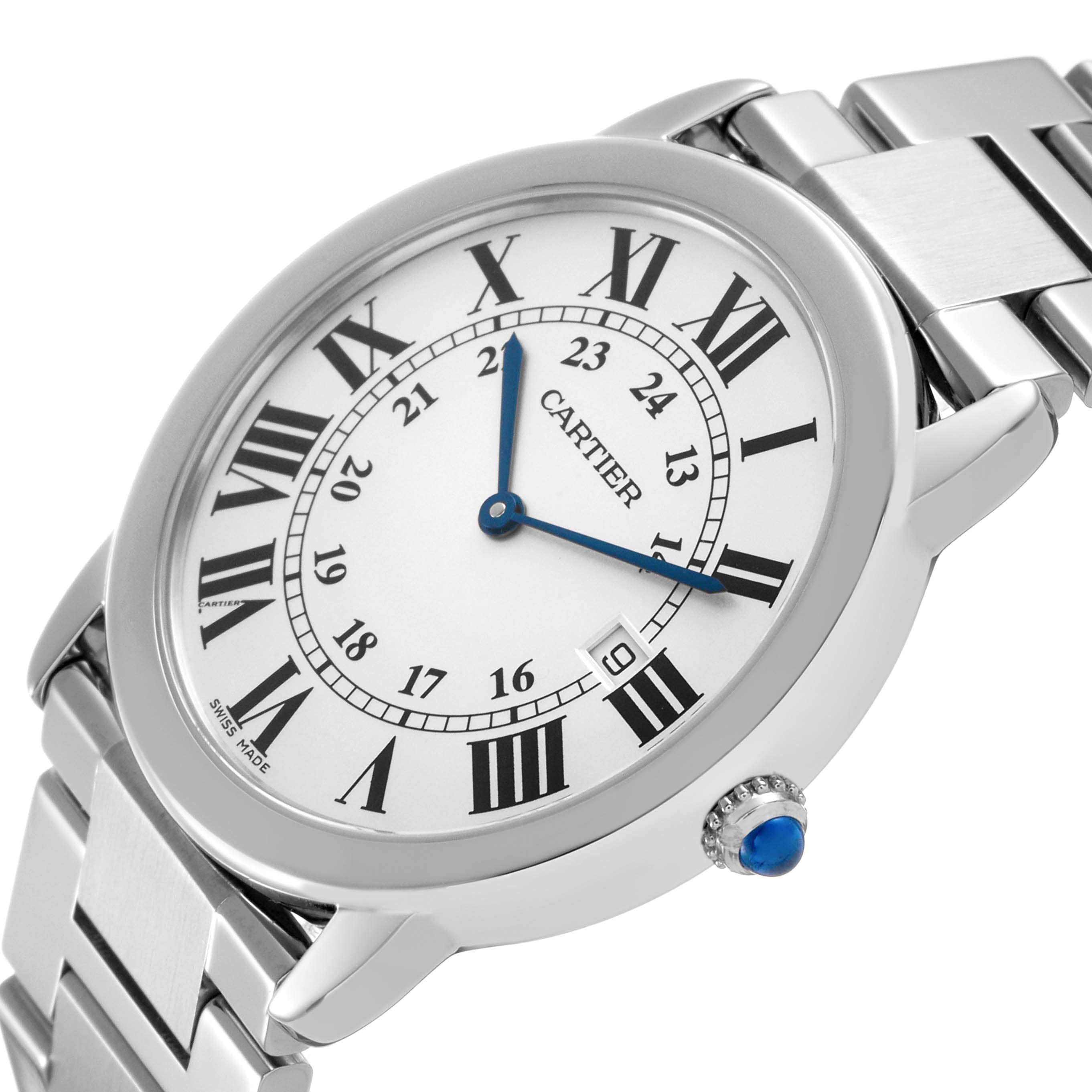 The Cartier Ronde W6701005 Men's Stainless Steel Silver Dial watch is shown at a slight angle, displaying the face, bracelet, and crown with a blue cabochon.