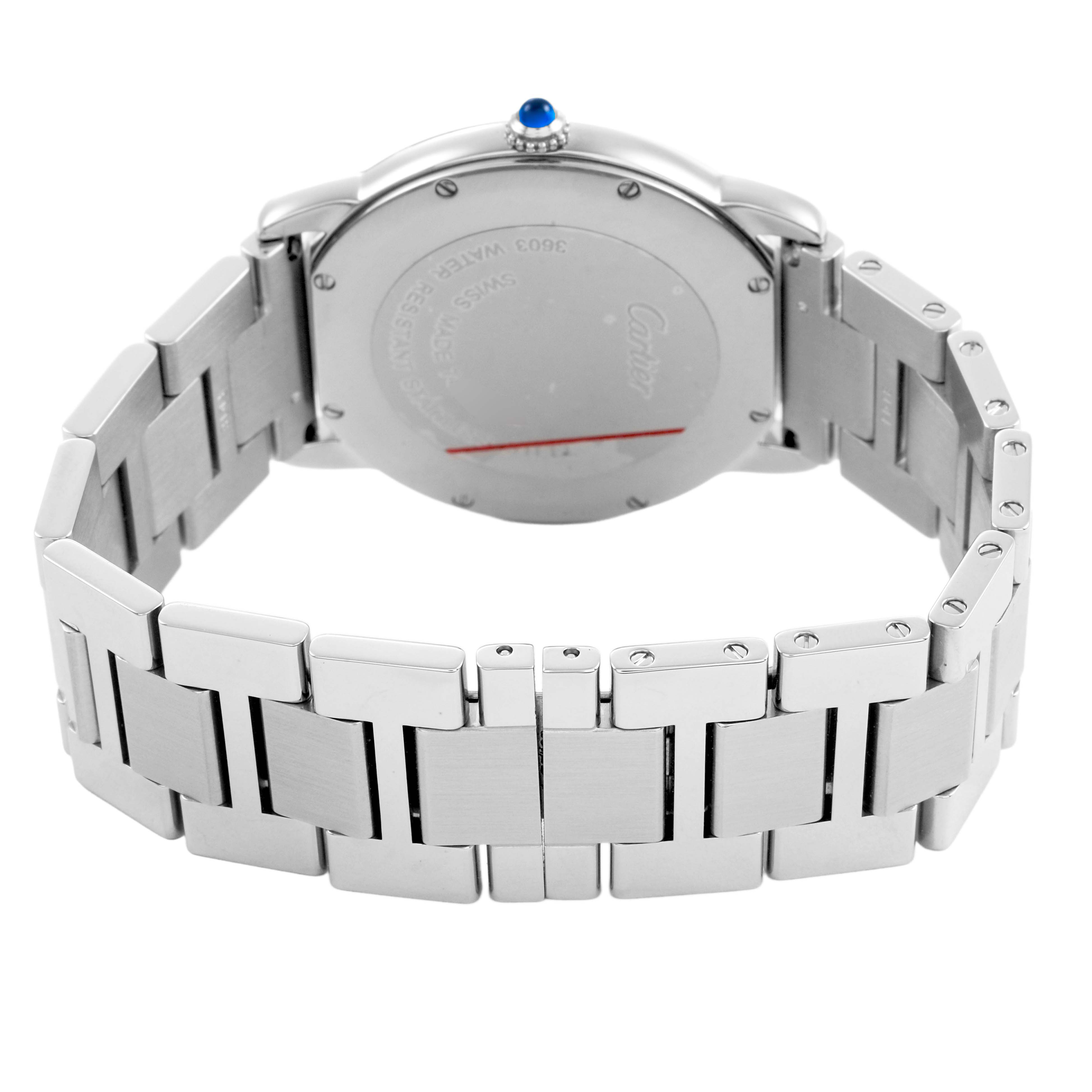 The image shows the back and bracelet of a Cartier Ronde W6701005 Men's Stainless Steel Silver Dial watch, highlighting the clasp and case with a sapphire crown.