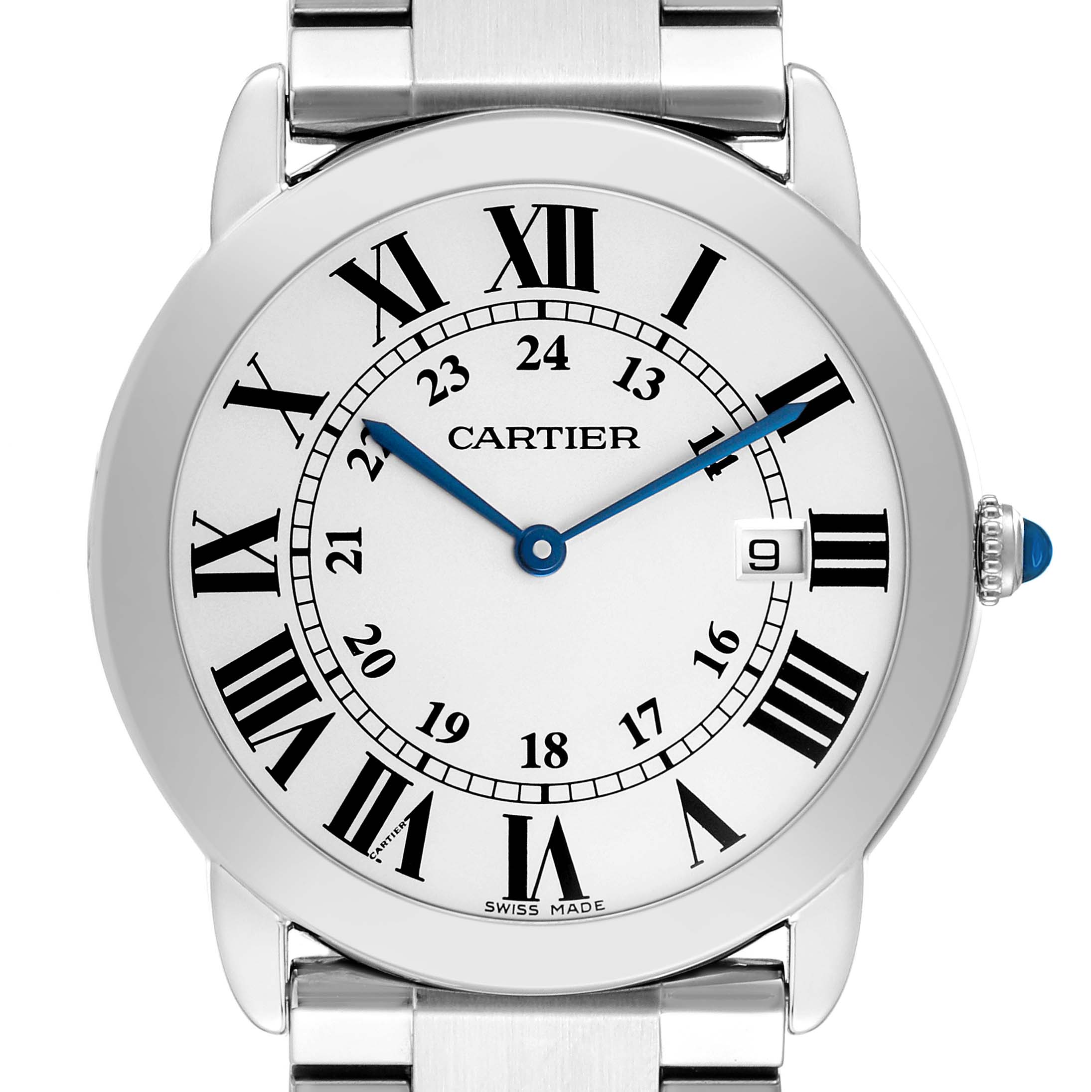 The Cartier Ronde W6701005 Men's Stainless Steel Silver Dial watch is shown from a front angle, highlighting its dial, Roman numerals, and blue hands.