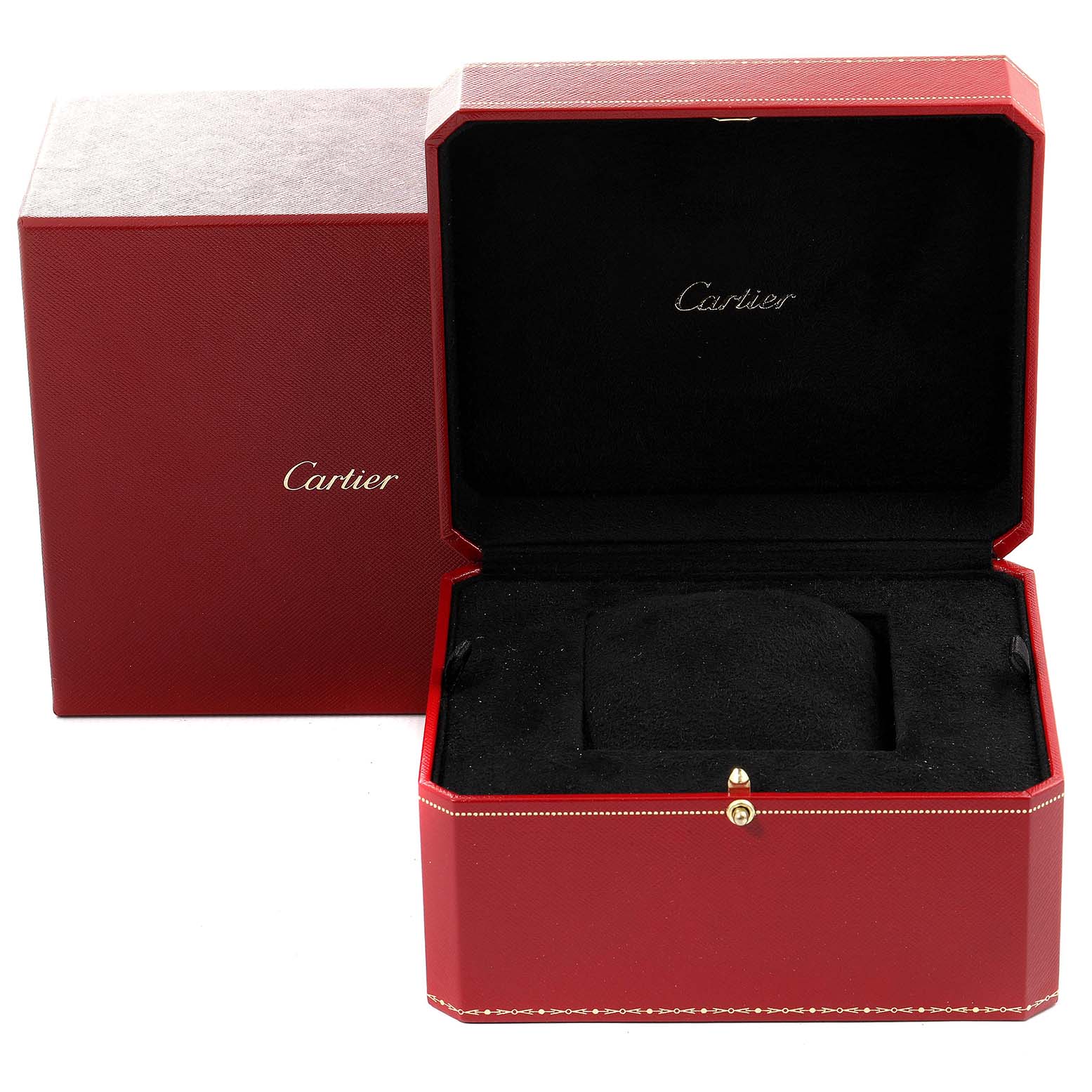 The image shows a Cartier Rotonde W1556202 Men's White Gold Silver Dial W1556202 Men's White Gold Silver Dial watch box and outer packaging, both in red, with the box open to reveal black interior padding.