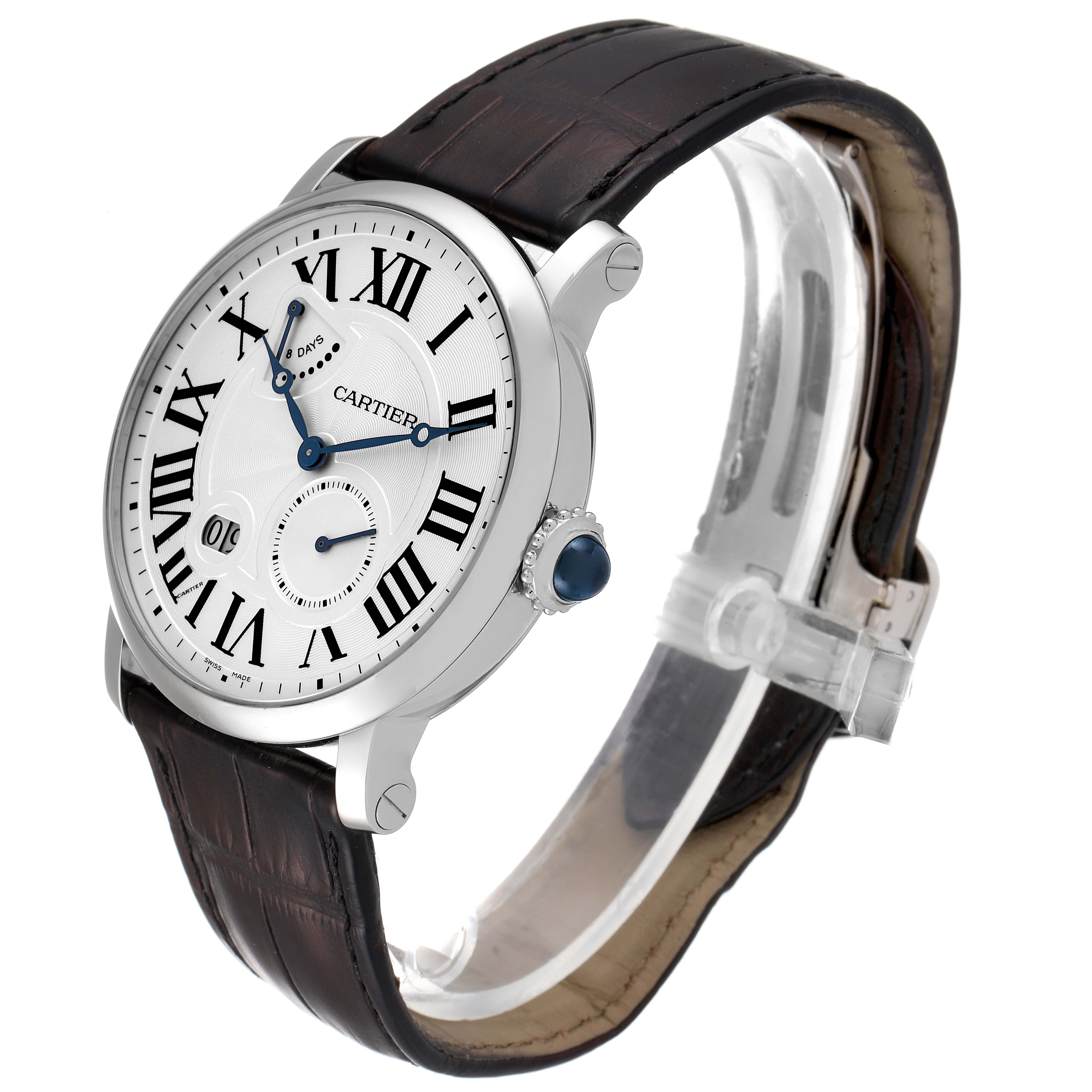 The Cartier Rotonde W1556202 Men's White Gold Silver Dial W1556202 Men's White Gold Silver Dial watch is shown at a side angle highlighting the dial, case, crown, and strap.