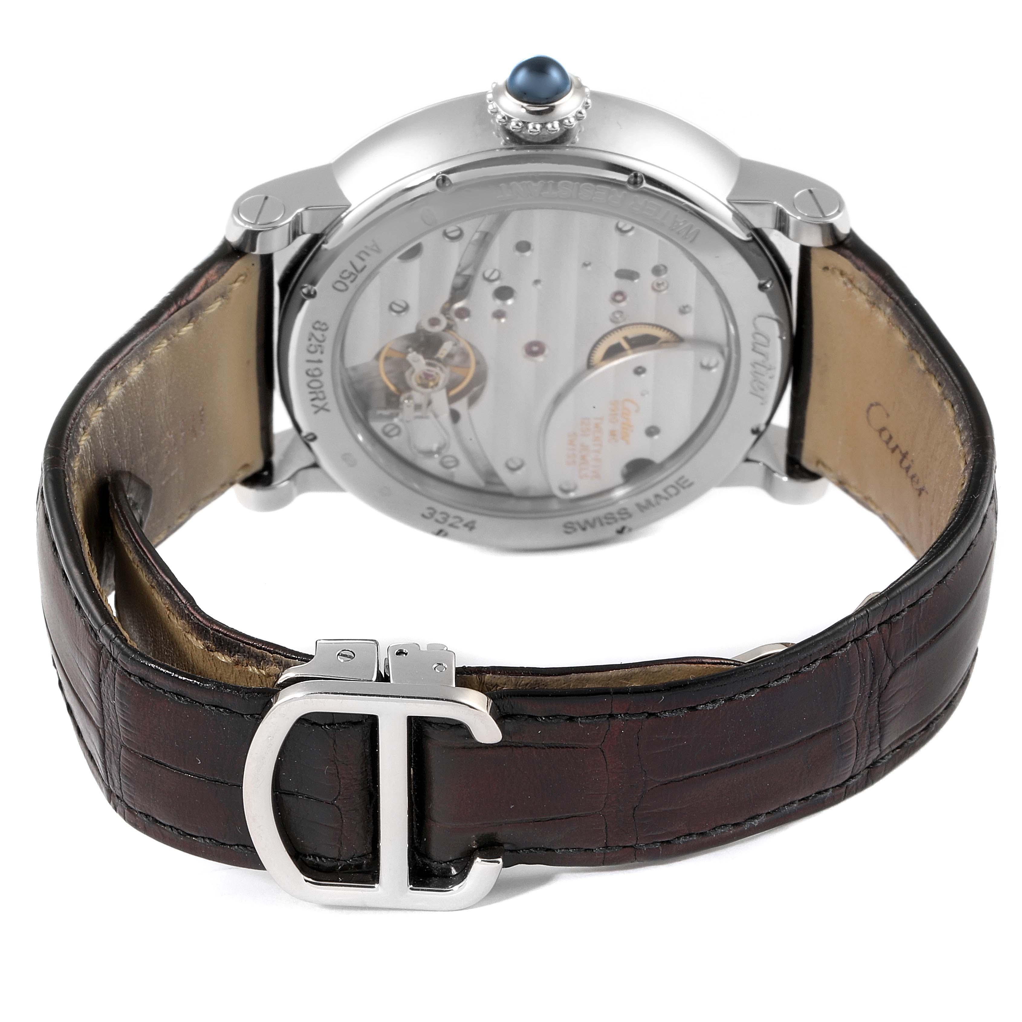 This image shows the back view of a Cartier Rotonde W1556202 Men's White Gold Silver Dial W1556202 Men's White Gold Silver Dial watch, highlighting its movement and leather strap with a silver buckle.