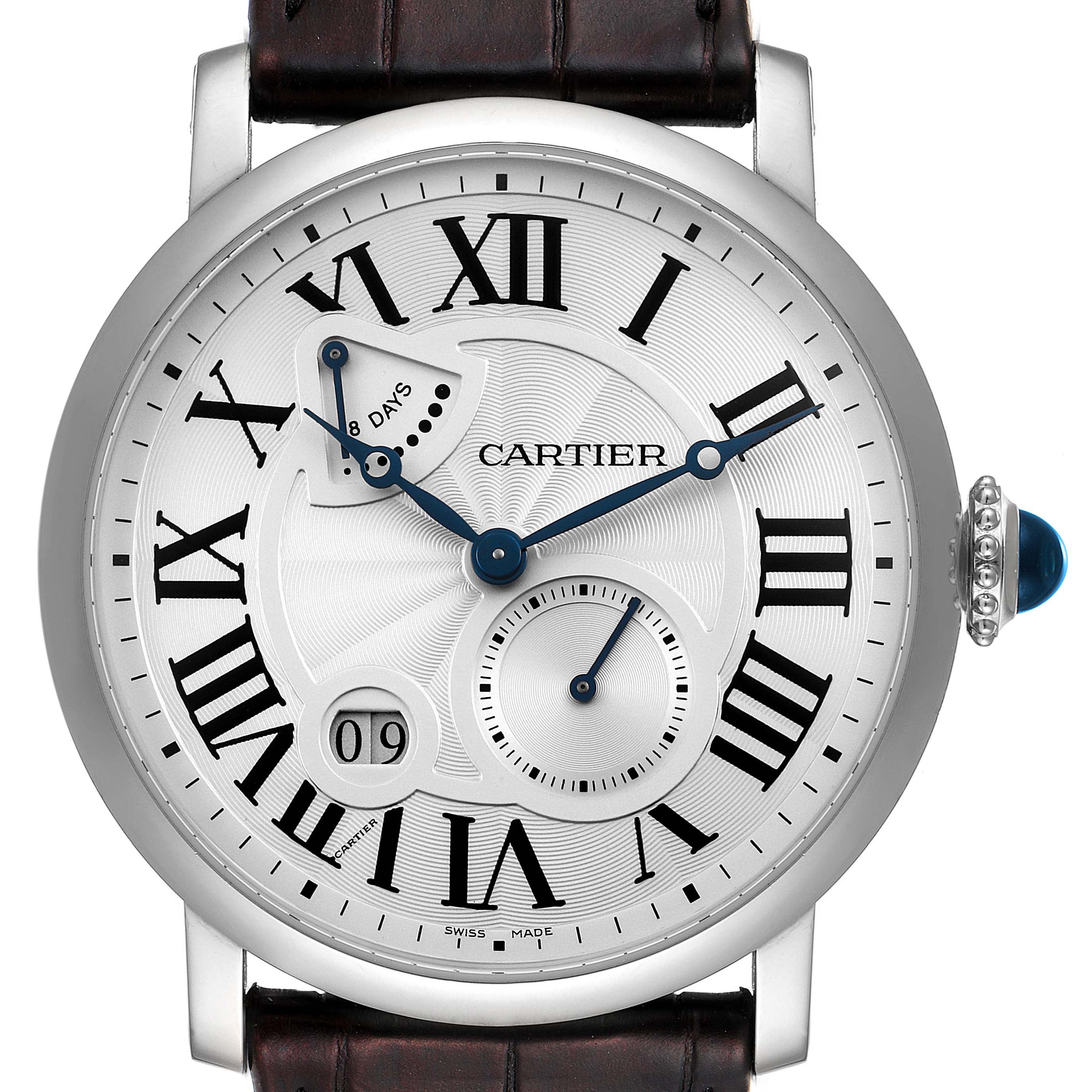 The image shows a front view of the Cartier Rotonde W1556202 Men's White Gold Silver Dial W1556202 Men's White Gold Silver Dial watch, showcasing the dial, Roman numerals, and the crown with a blue gem.