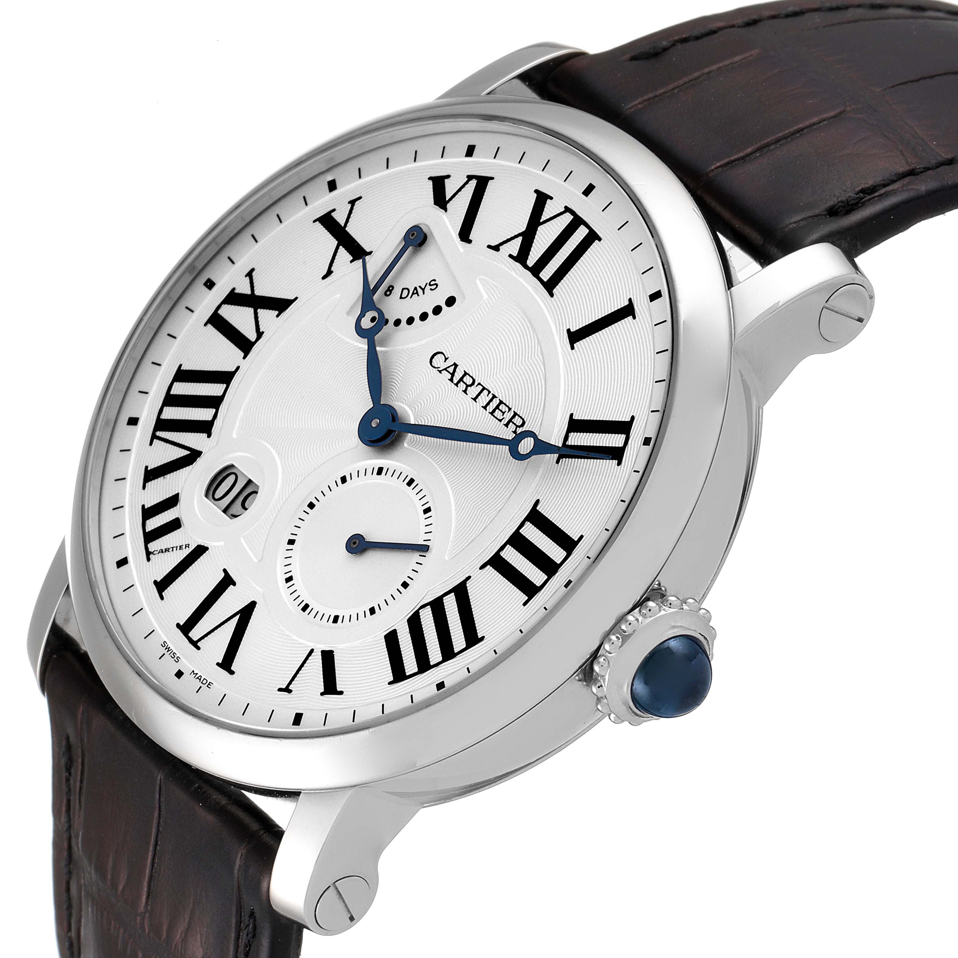 The Rotonde de Cartier watch is shown at a slight angle, highlighting the face, crown, and leather strap.