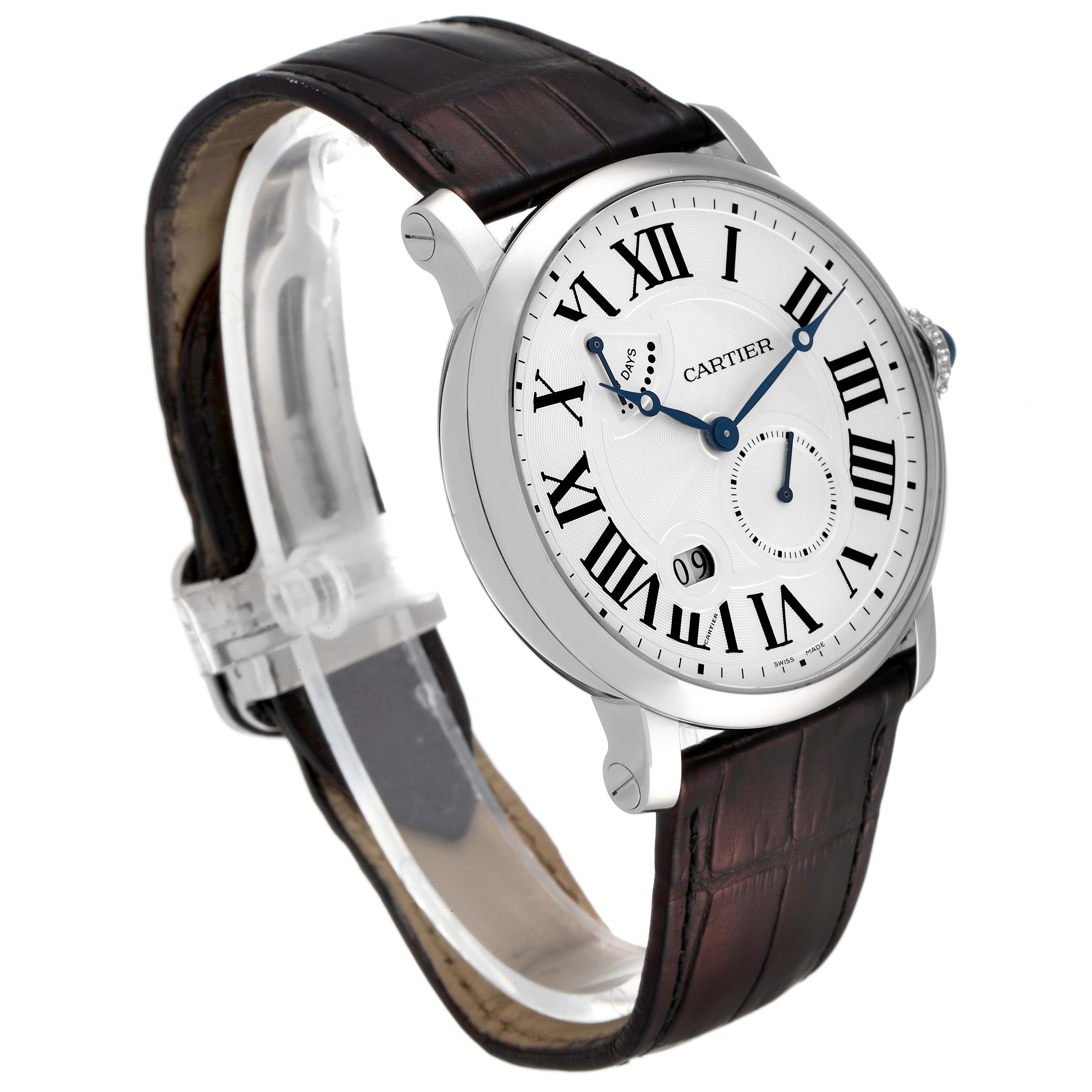 The Cartier Rotonde W1556202 Men's White Gold Silver Dial W1556202 Men's White Gold Silver Dial watch is shown from an angled view, highlighting the dial, leather strap, and side crown.