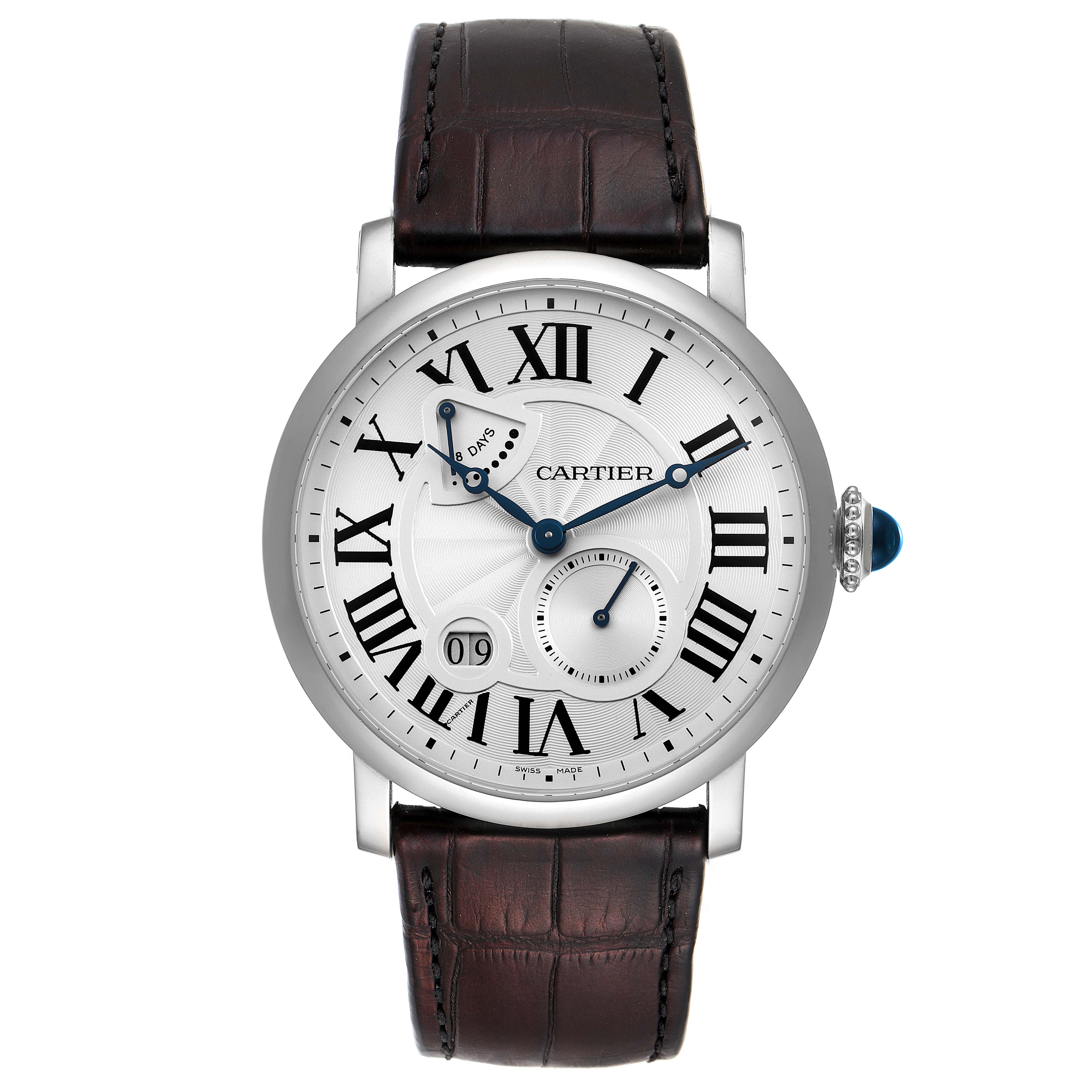 The Cartier Rotonde W1556202 Men's White Gold Silver Dial W1556202 Men's White Gold Silver Dial model watch is shown from a frontal angle, displaying its face, crown, and leather strap.