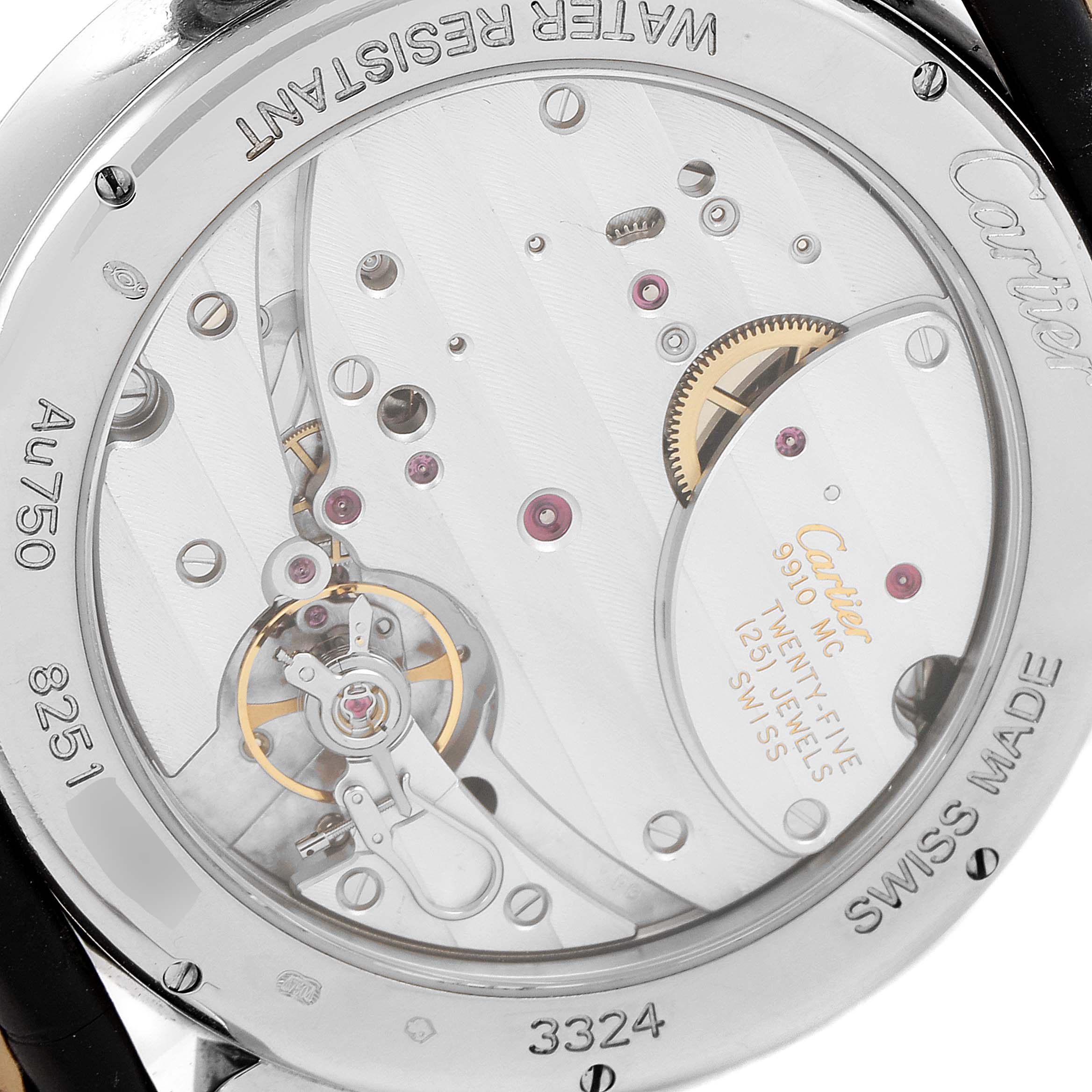 The image shows the back view of the Cartier Rotonde W1556202 Men's White Gold Silver Dial W1556202 Men's White Gold Silver Dial watch, revealing its intricate internal mechanical parts.