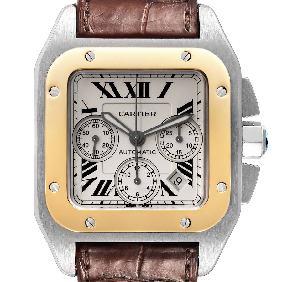 Cartier Santos 100 XL Steel Yellow Gold Chronograph Mens Watch W20091X7 SwissWatchExpo