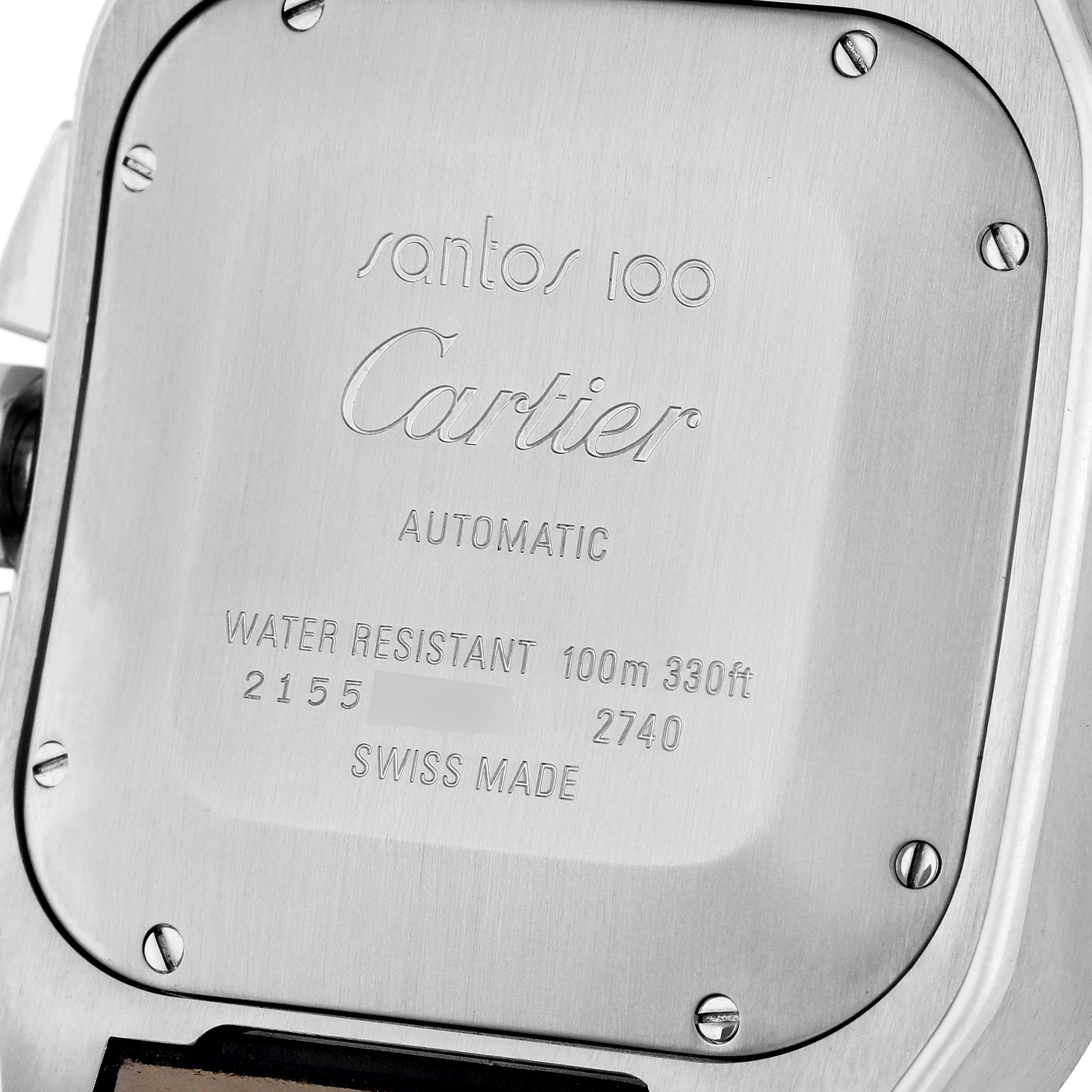 This is a close-up view of the back case of a Cartier Santos W20091X7 Men's Steel and Gold (two tone) Silver Dial W20091X7 Men's Steel and Gold (two tone) Silver Dial 100 watch, showing the engraved details and screws.