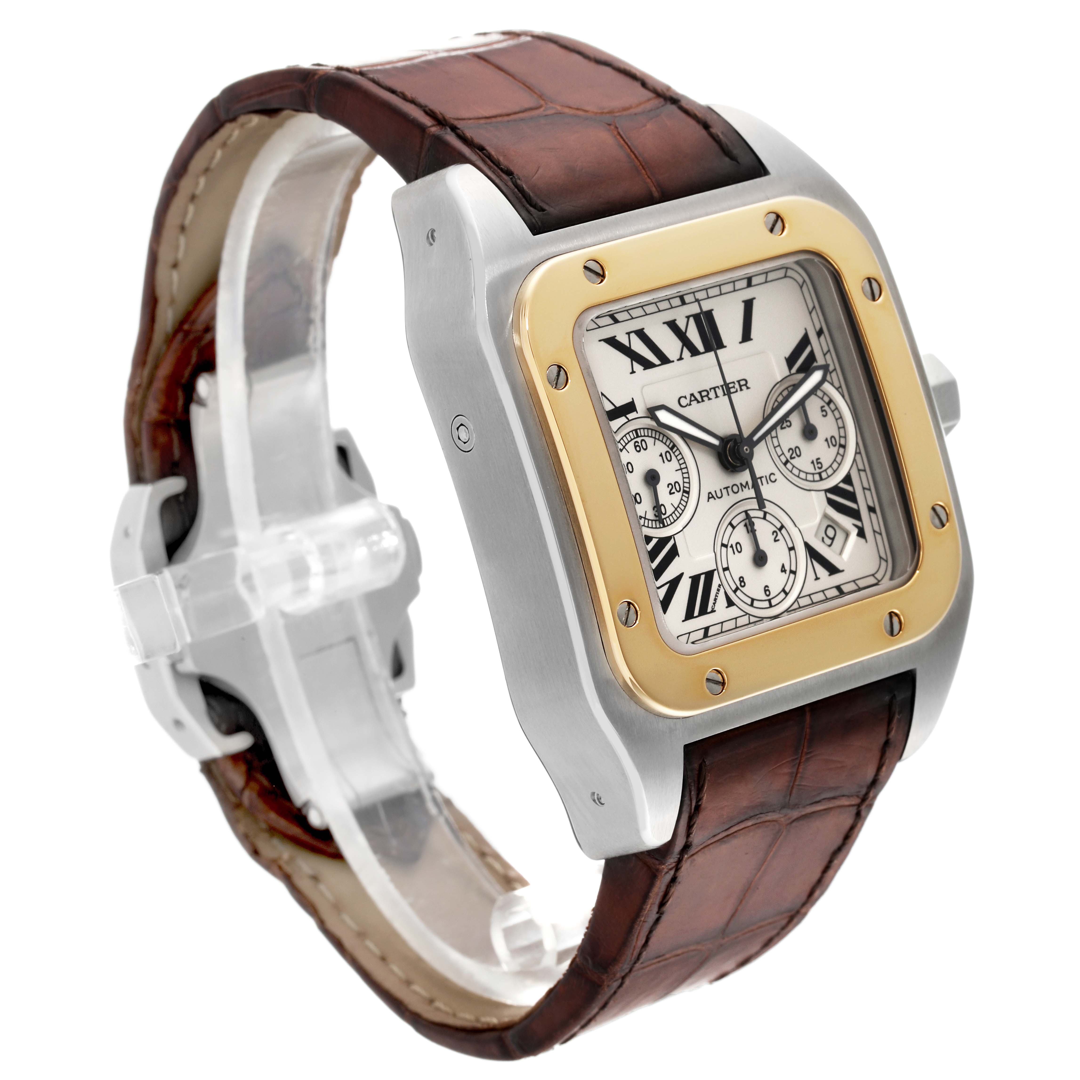 The image shows a Cartier Santos W20091X7 Men's Steel and Gold (two tone) Silver Dial W20091X7 Men's Steel and Gold (two tone) Silver Dial watch at a 3/4 angle, highlighting the case, bezel, dial, and leather strap.