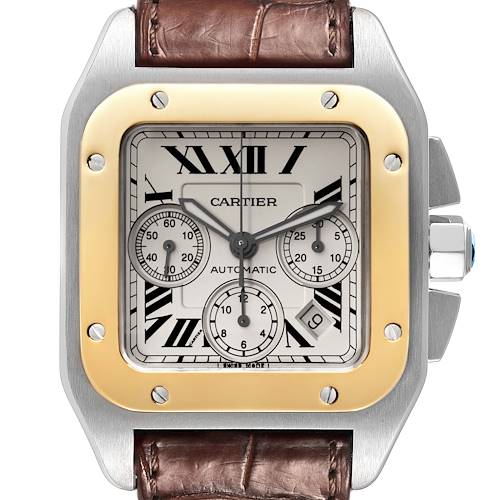 The image shows a front view of the Cartier Santos watch, highlighting its dial, bezel, crown, and part of the leather strap.