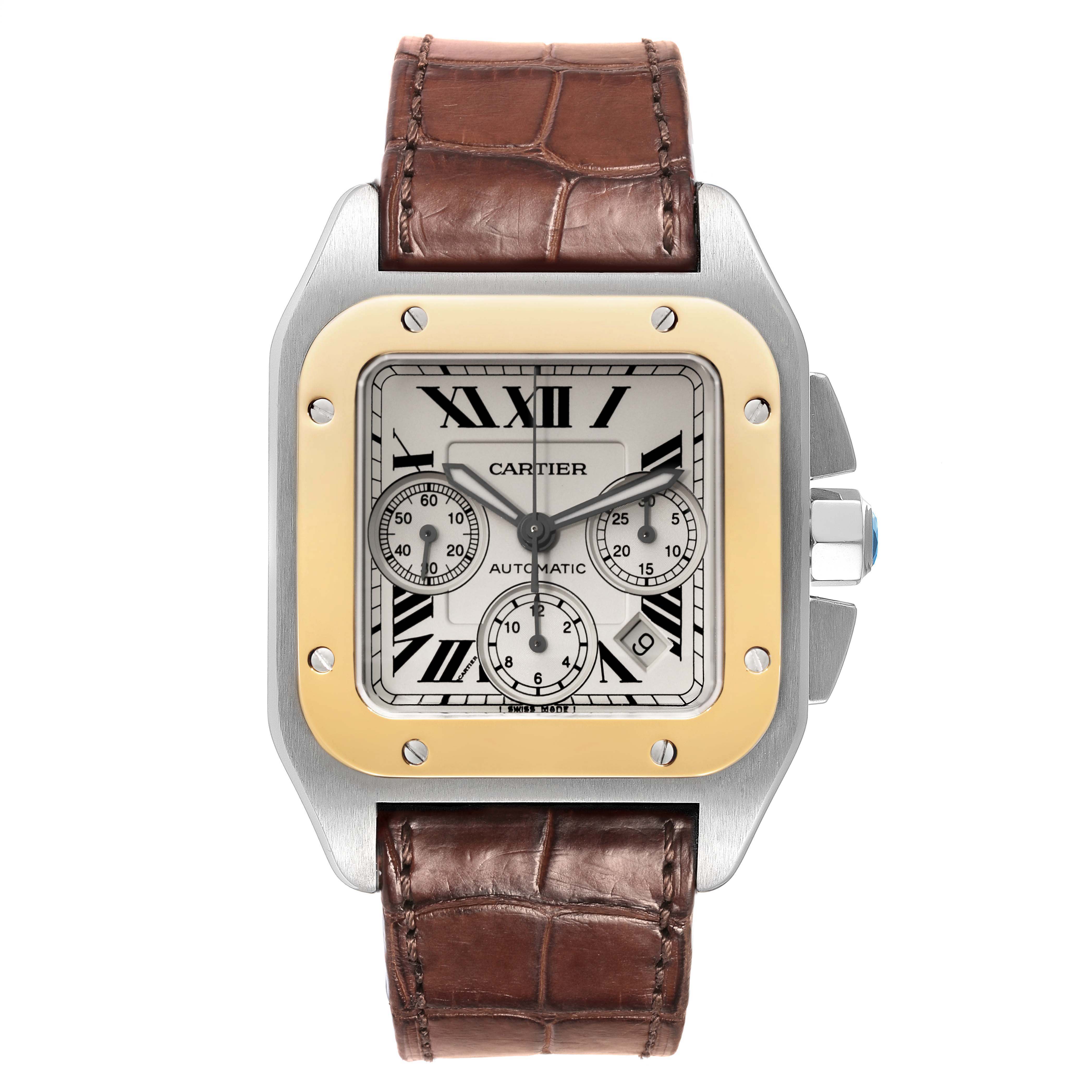 The Cartier Santos W20091X7 Men's Steel and Gold (two tone) Silver Dial W20091X7 Men's Steel and Gold (two tone) Silver Dial watch is shown from the front, displaying its dial, bezel, and leather strap.