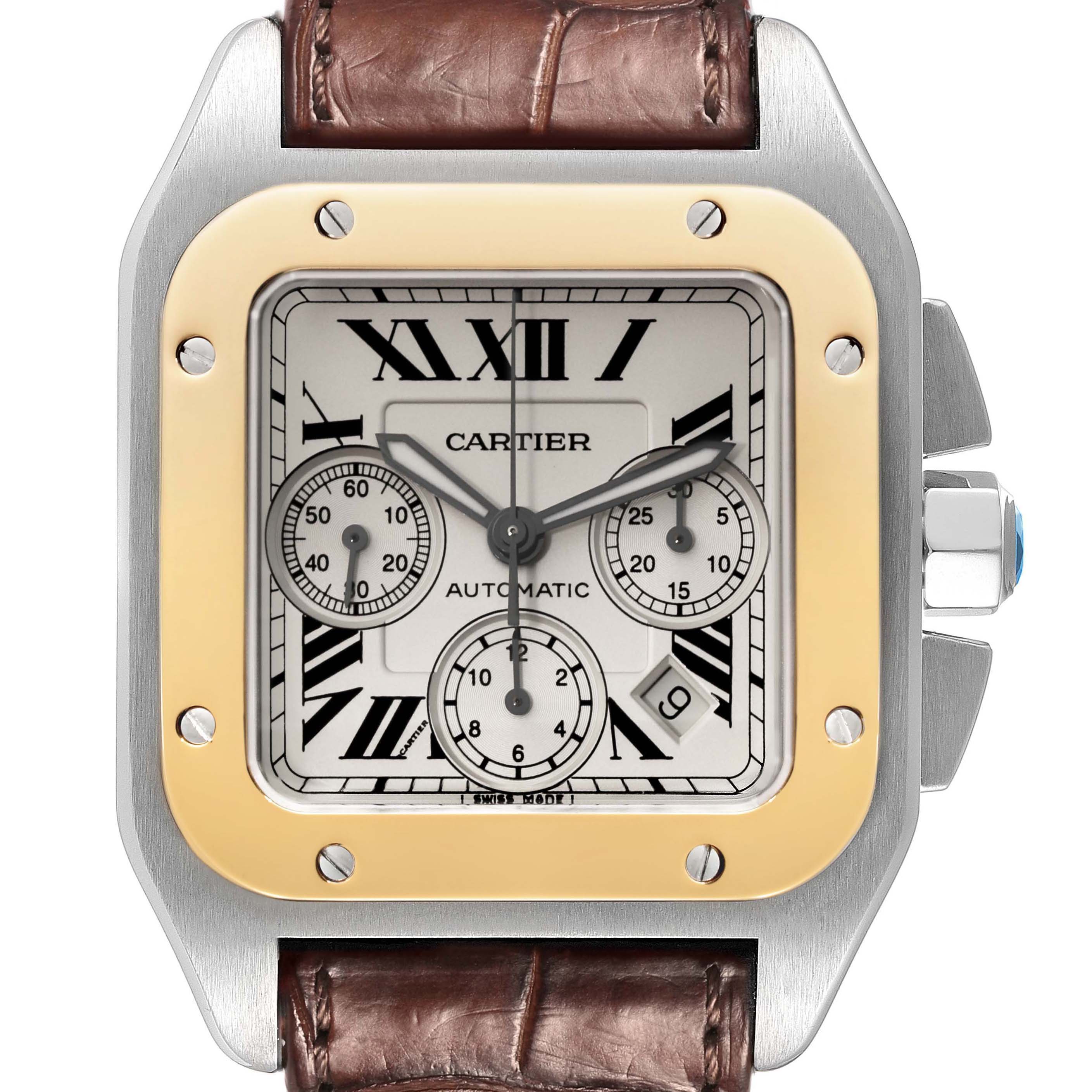 The Cartier Santos W20091X7 Men's Steel and Gold (two tone) Silver Dial W20091X7 Men's Steel and Gold (two tone) Silver Dial watch is shown from the front, highlighting its square dial, bezel, and brown leather strap.
