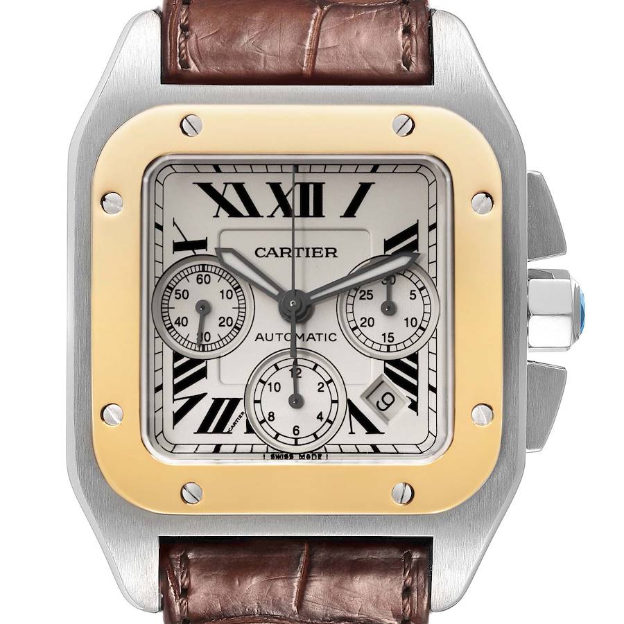 The Cartier Santos watch is shown from the front, highlighting its square dial, bezel, and brown leather strap.