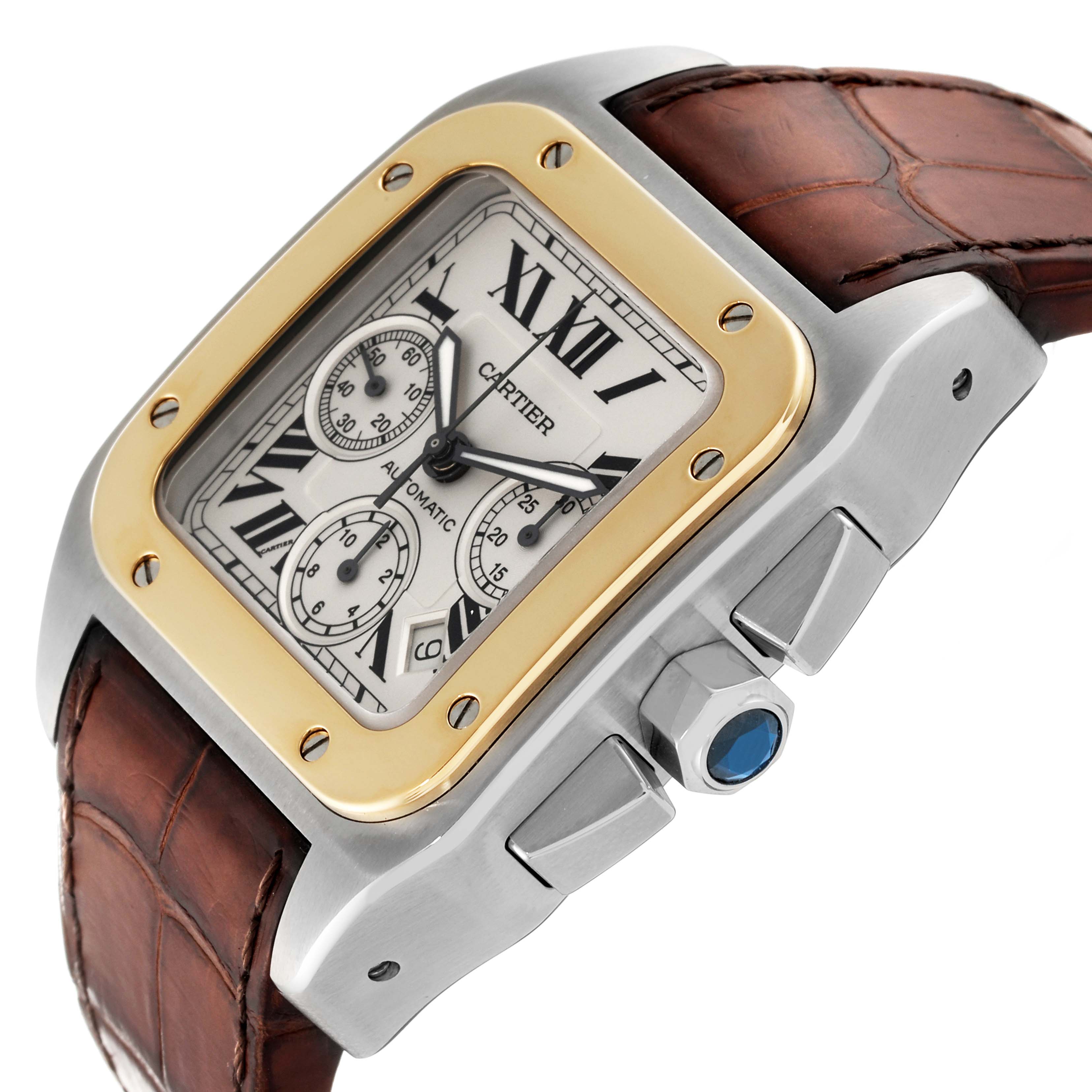 This image shows a side view of the Cartier Santos W20091X7 Men's Steel and Gold (two tone) Silver Dial W20091X7 Men's Steel and Gold (two tone) Silver Dial watch, highlighting the bezel, dial, chronograph subdials, crown, and strap.