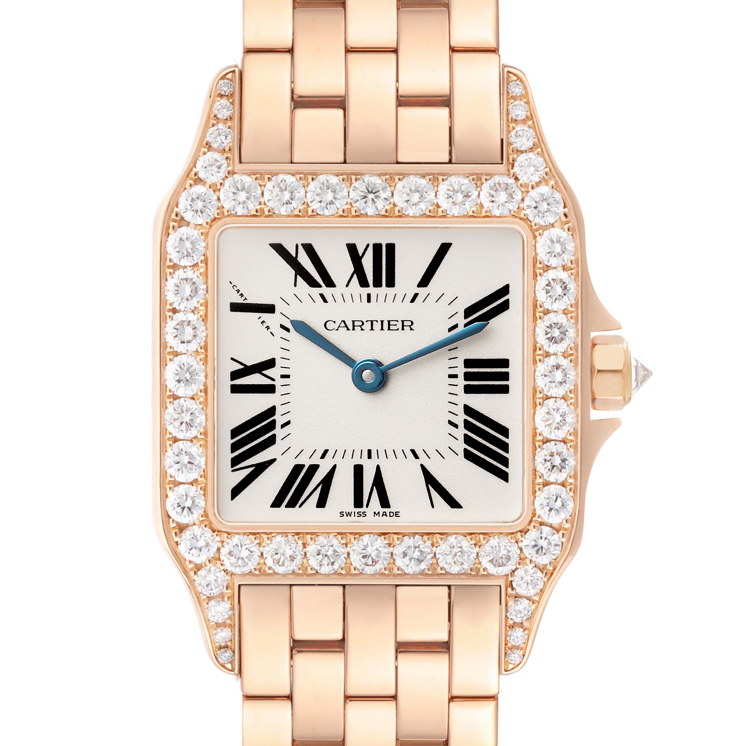 The image shows a front view of the Cartier Santos Demoiselle WF9007Z8 Women's Yellow Gold Silver Dial watch, featuring a diamond-studded bezel and a gold bracelet.
