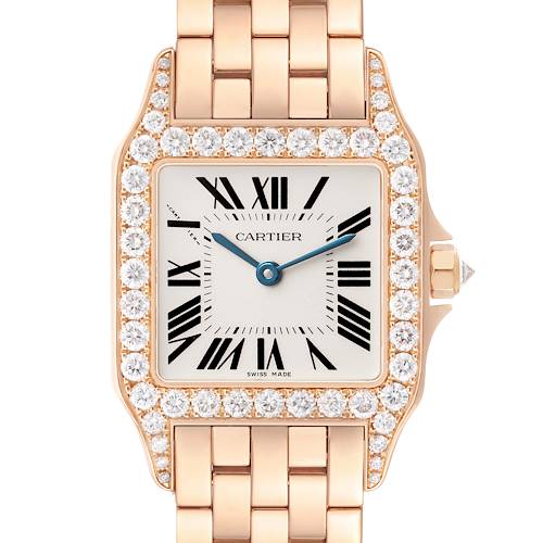 The Cartier Santos Demoiselle WF9007Z8 Women's Yellow Gold Silver Dial watch is shown from the front, highlighting its diamond bezel and Roman numeral dial.