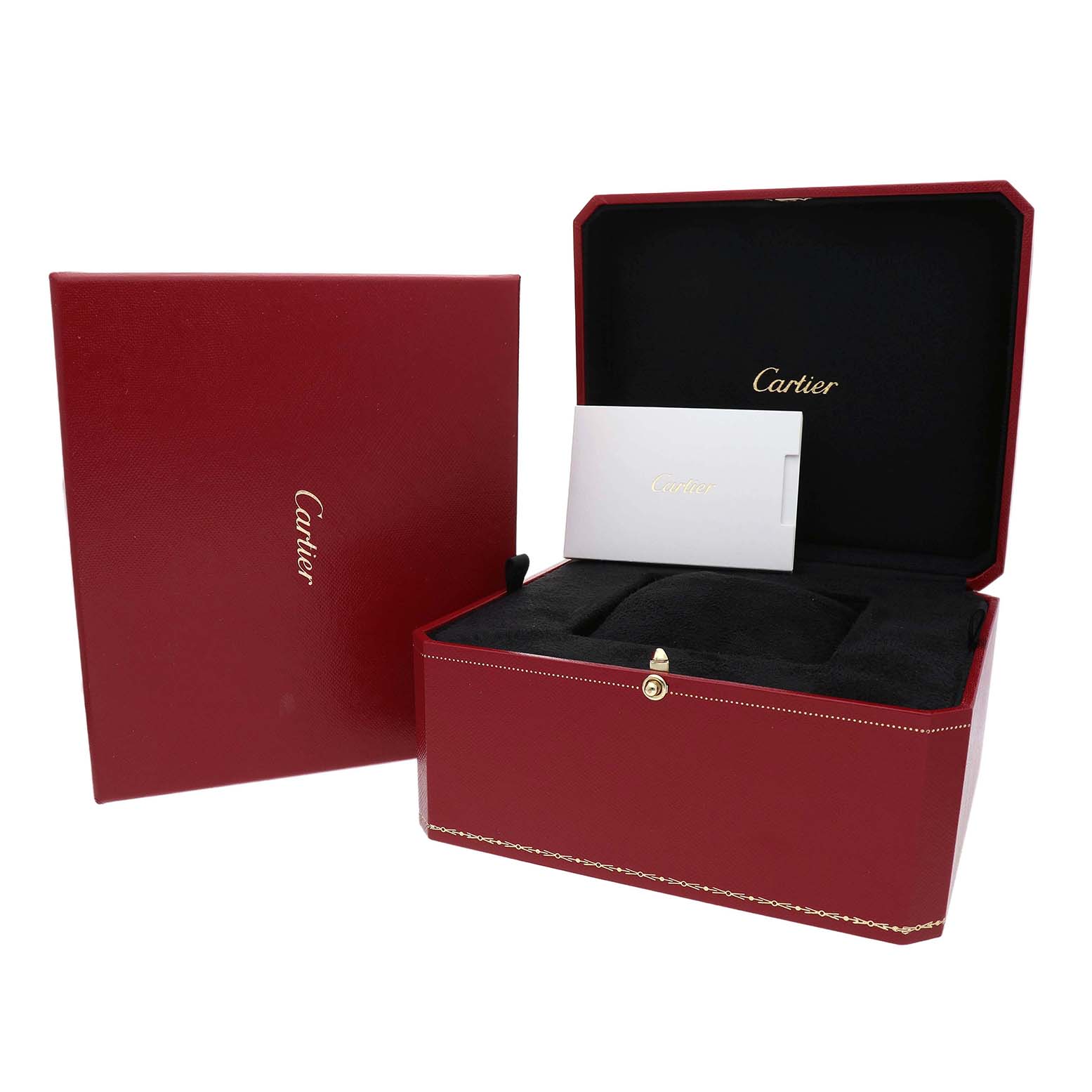 The image shows the red Cartier box and inner case for the Santos Demoiselle model, with a small booklet included.