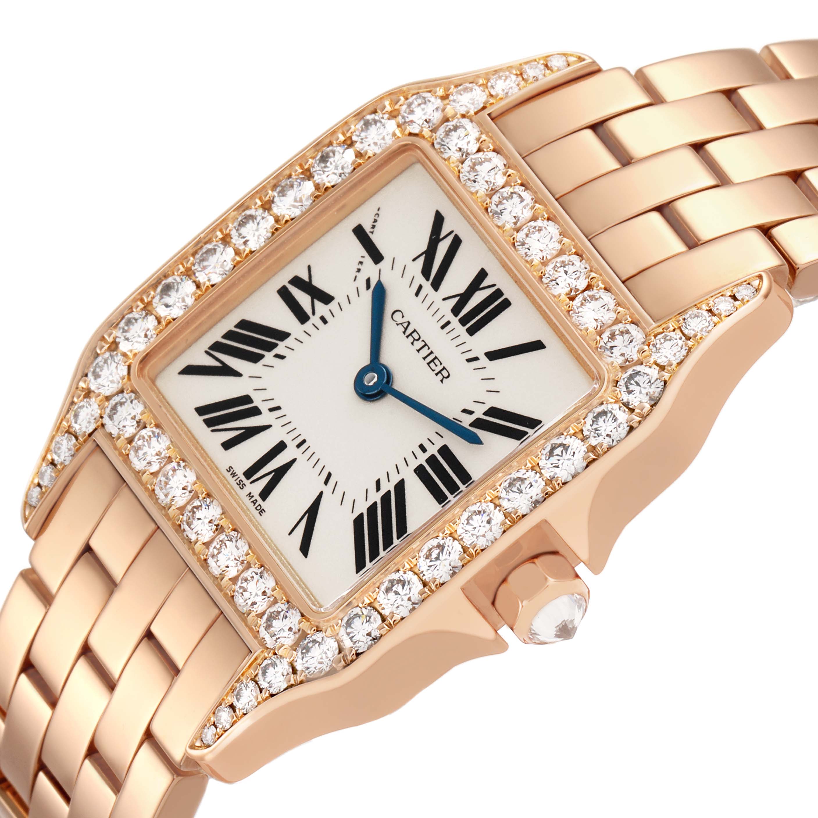 The Cartier Santos Demoiselle WF9007Z8 Women's Yellow Gold Silver Dial watch is shown at an angle highlighting the diamond-set bezel, dial, and bracelet links.